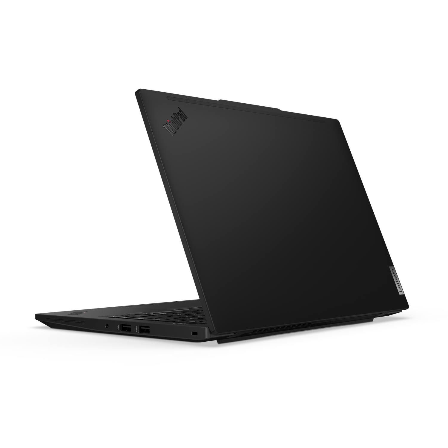 Un ordinateur portable ThinkPad noir est montré légèrement ouvert sur un fond noir. Le logo Lenovo est visible.
