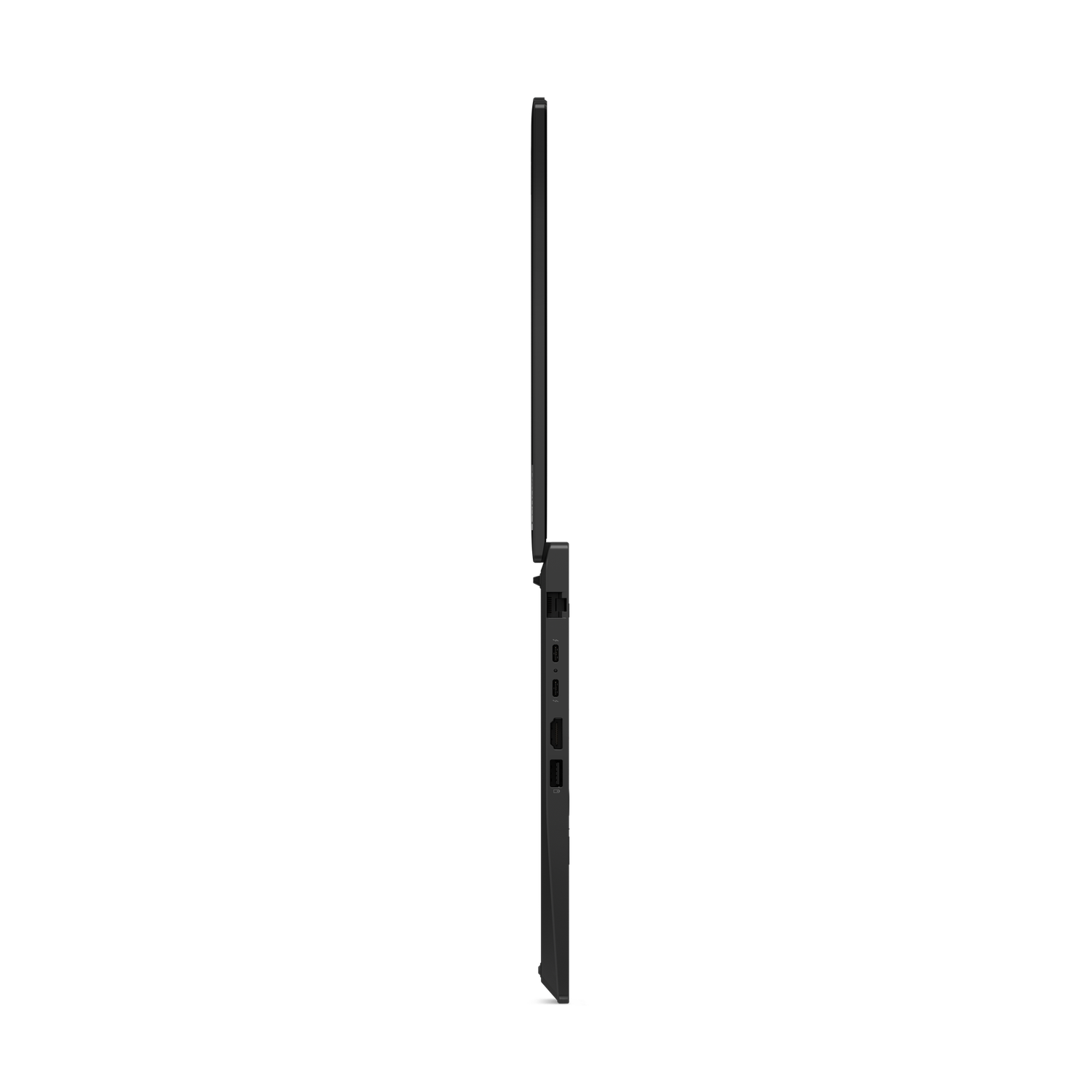 Vue latérale d'un ordinateur portable noir fermé. Les ports visibles incluent USB, HDMI et un port de chargement. L'écran est fermé.