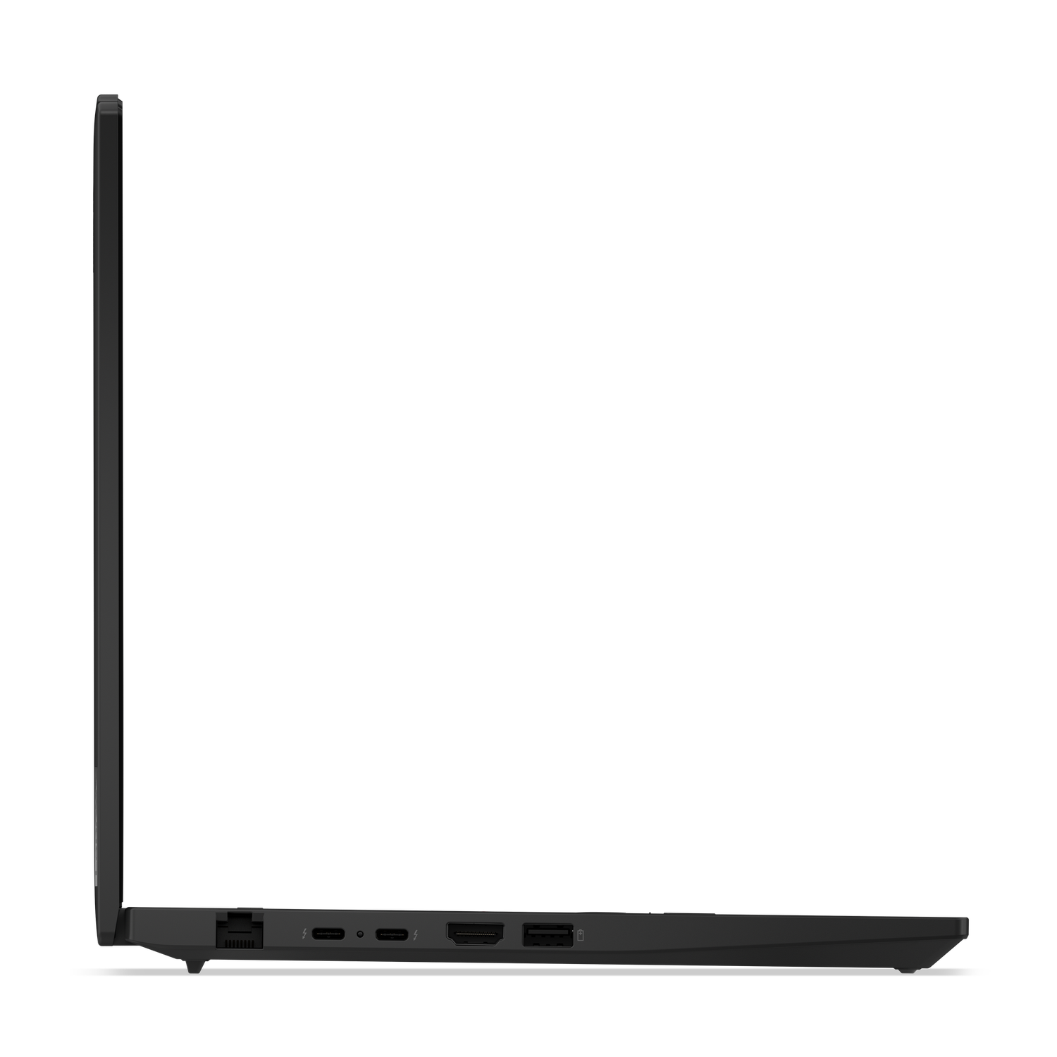 Vue latérale d'un ordinateur portable noir fermé. Des ports sont visibles sur le côté, dont USB, HDMI et ports de charge. Le fond est noir.