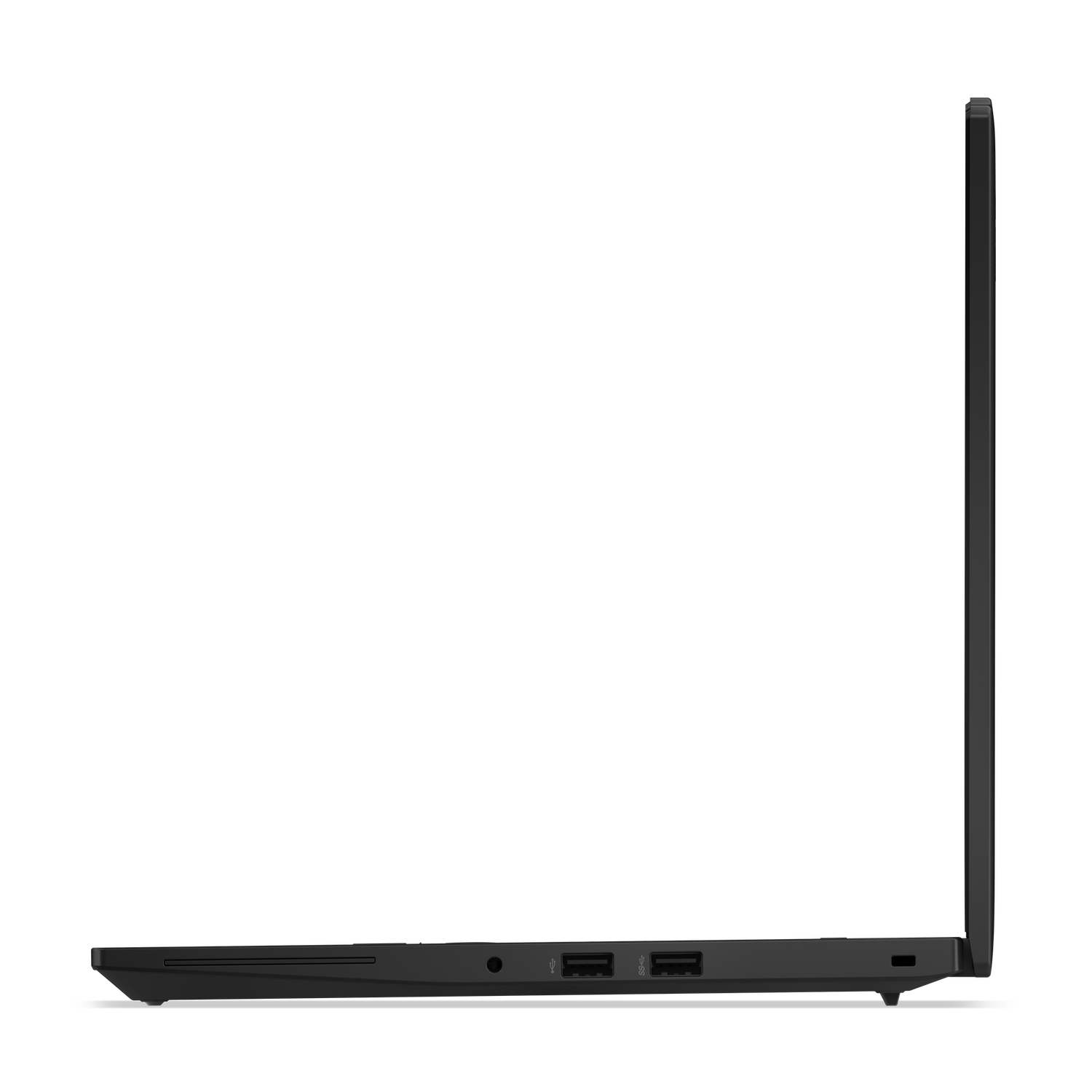 Vue latérale d'un ordinateur portable noir. Ports visibles : USB, audio et alimentation. L'écran est fermé et l'ordinateur est sur une surface sombre.