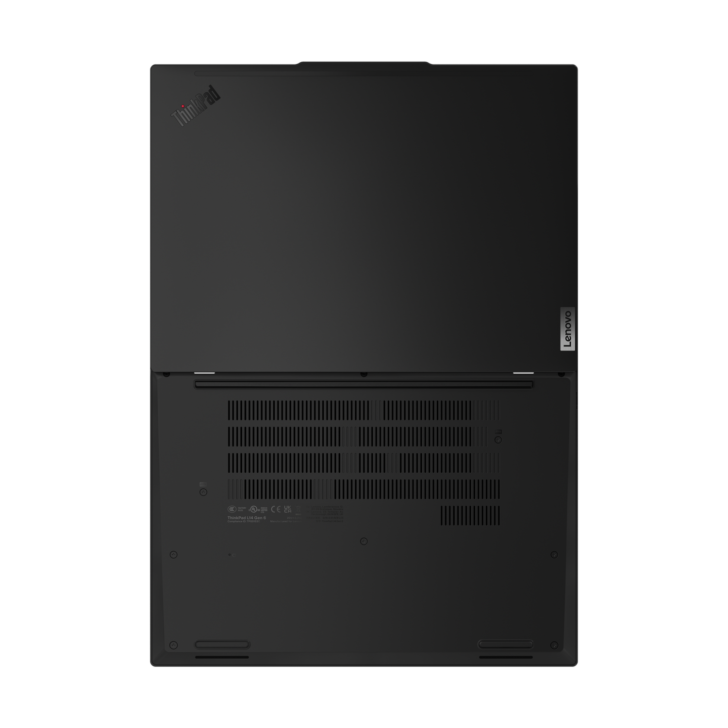 Ordinateur portable noir, logo ThinkPad en haut à gauche, logo Lenovo à droite. Bas avec aérations, symboles réglementaires et infos modèle.