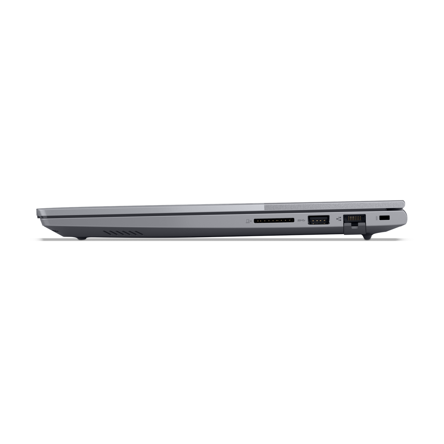 Side view of a silver laptop. Visible ports include USB, HDMI, and SD card slot. Black background.