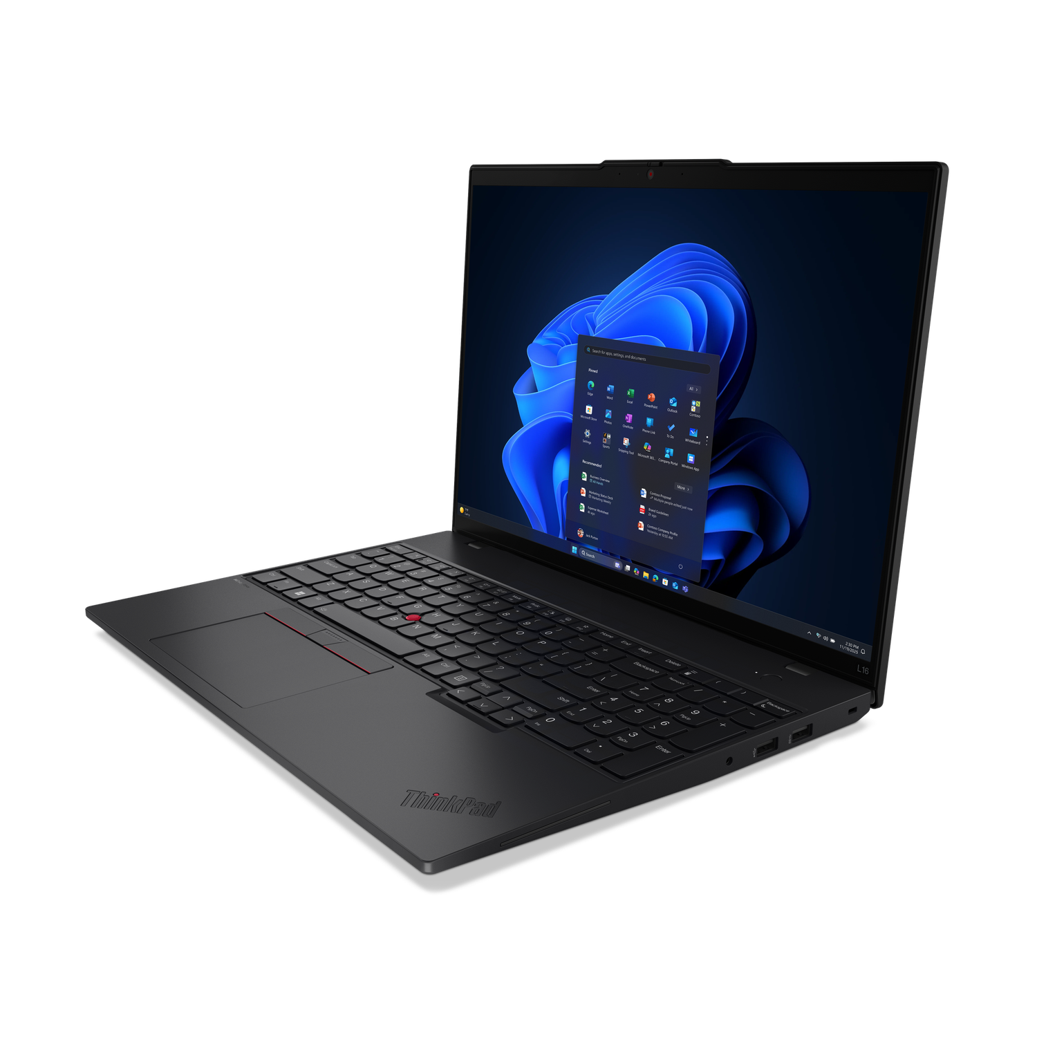 Een zwarte ThinkPad-laptop is opengeklapt en toont de Windows 11-interface. Toetsenbord, touchpad en scherm zichtbaar tegen een zwarte achtergrond.
