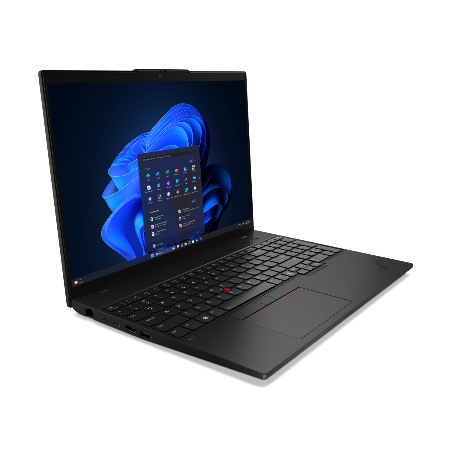 Een zwarte laptop is open, met een Windows-interface met app-pictogrammen. Het toetsenbord is zichtbaar, het scherm heeft een blauwe achtergrond.