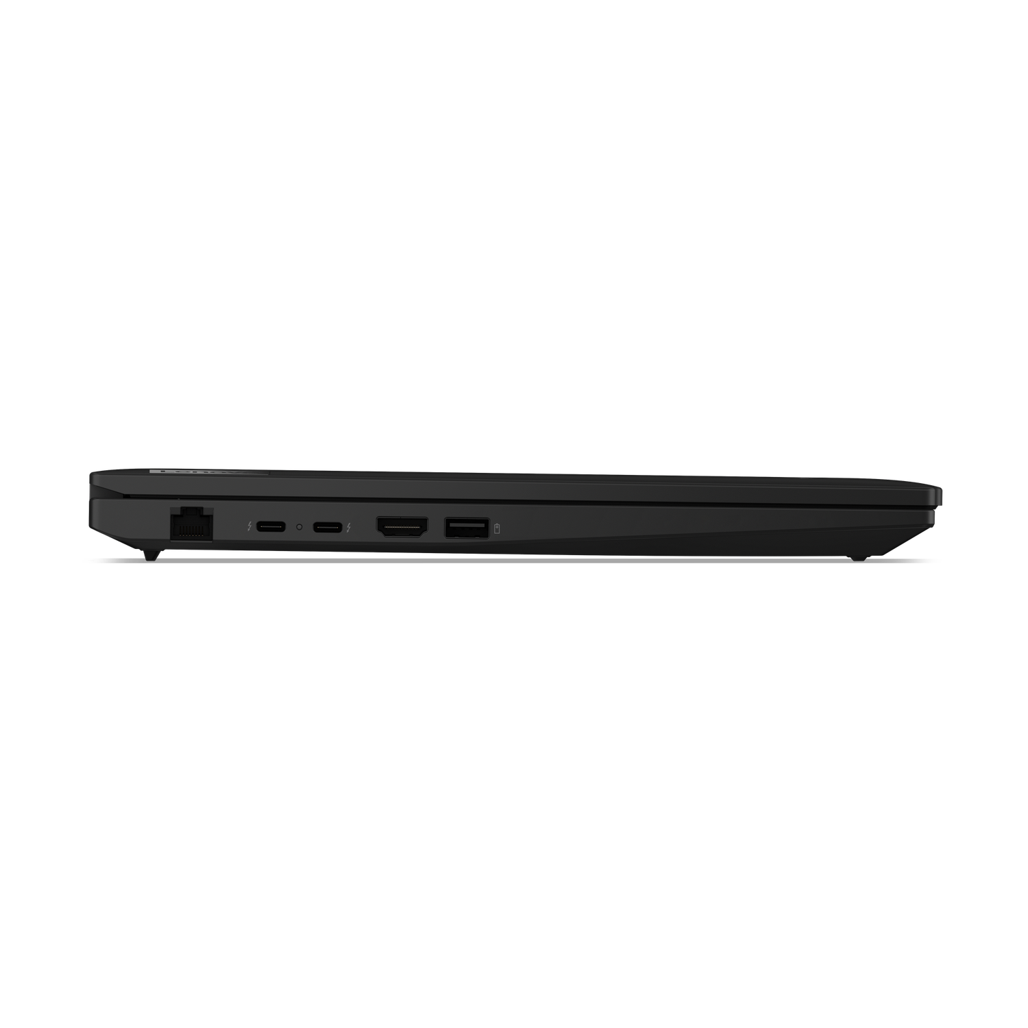 Zijaanzicht van een zwarte laptop met poorten: ethernet, USB-C, HDMI en USB-A. Zwarte achtergrond.
