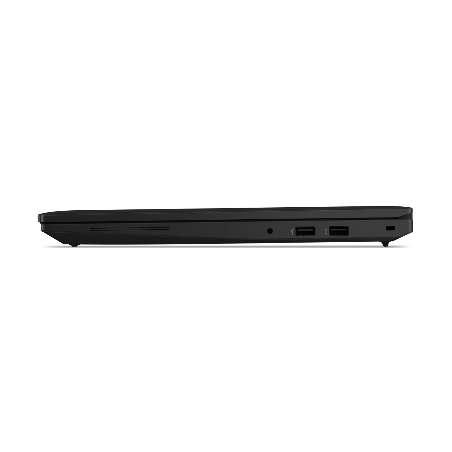 Zijaanzicht van een zwarte laptop met poorten, waaronder USB en audio-aansluiting, tegen een zwarte achtergrond.