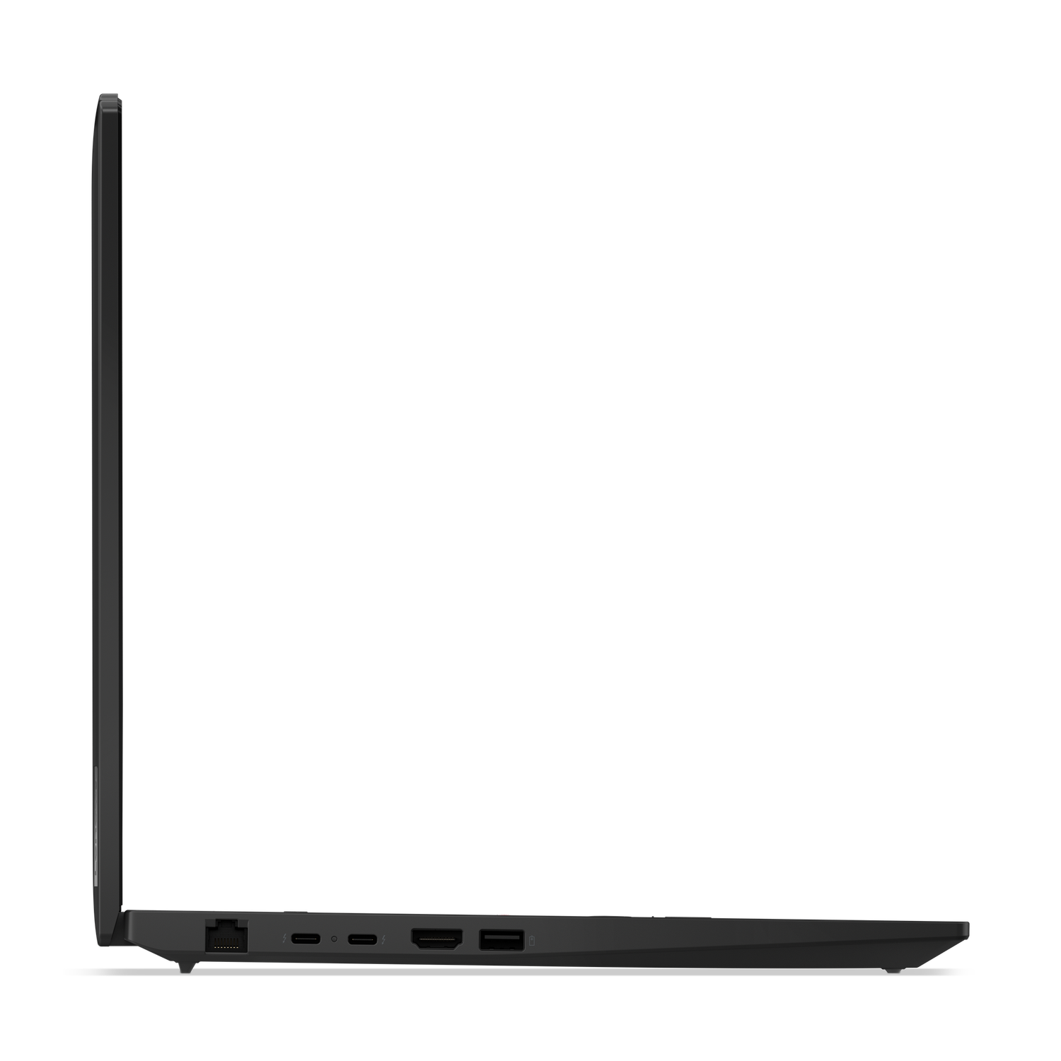 Zijaanzicht van een zwarte laptop tegen een zwarte achtergrond. Zichtbare poorten zijn USB, HDMI en een Ethernetpoort. De laptop is dicht.