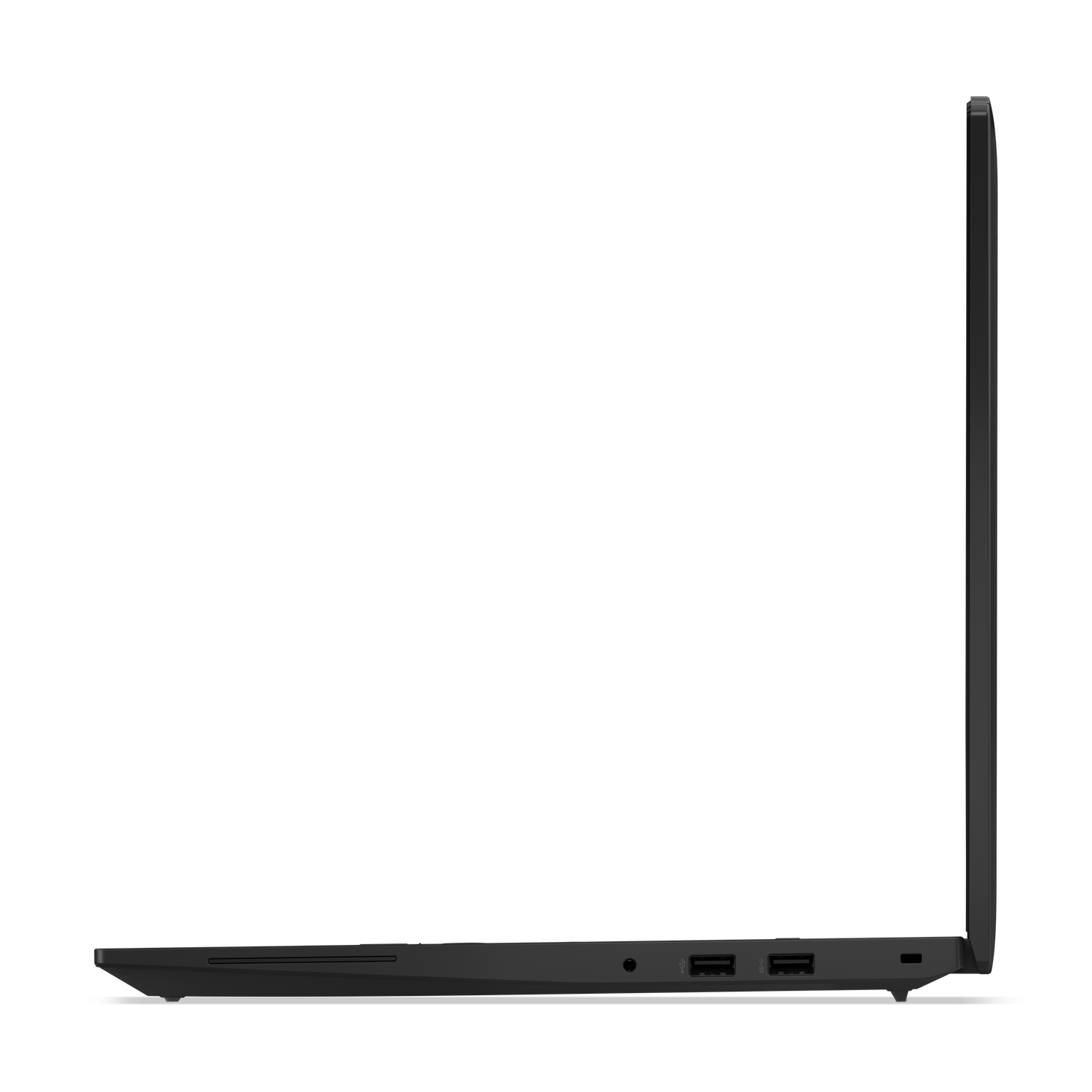 Zijaanzicht van een gesloten zwarte laptop op een zwarte achtergrond. Poorten en de rand van het scherm zijn zichtbaar.