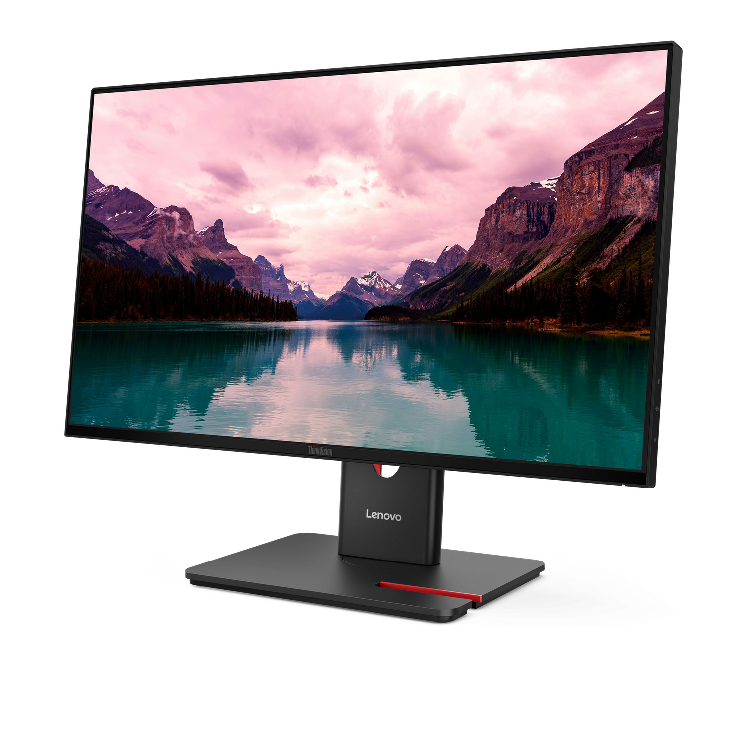 Een Lenovo-monitor toont een landschap van bergen, een meer en een roze lucht. De monitor staat op een zwarte standaard.