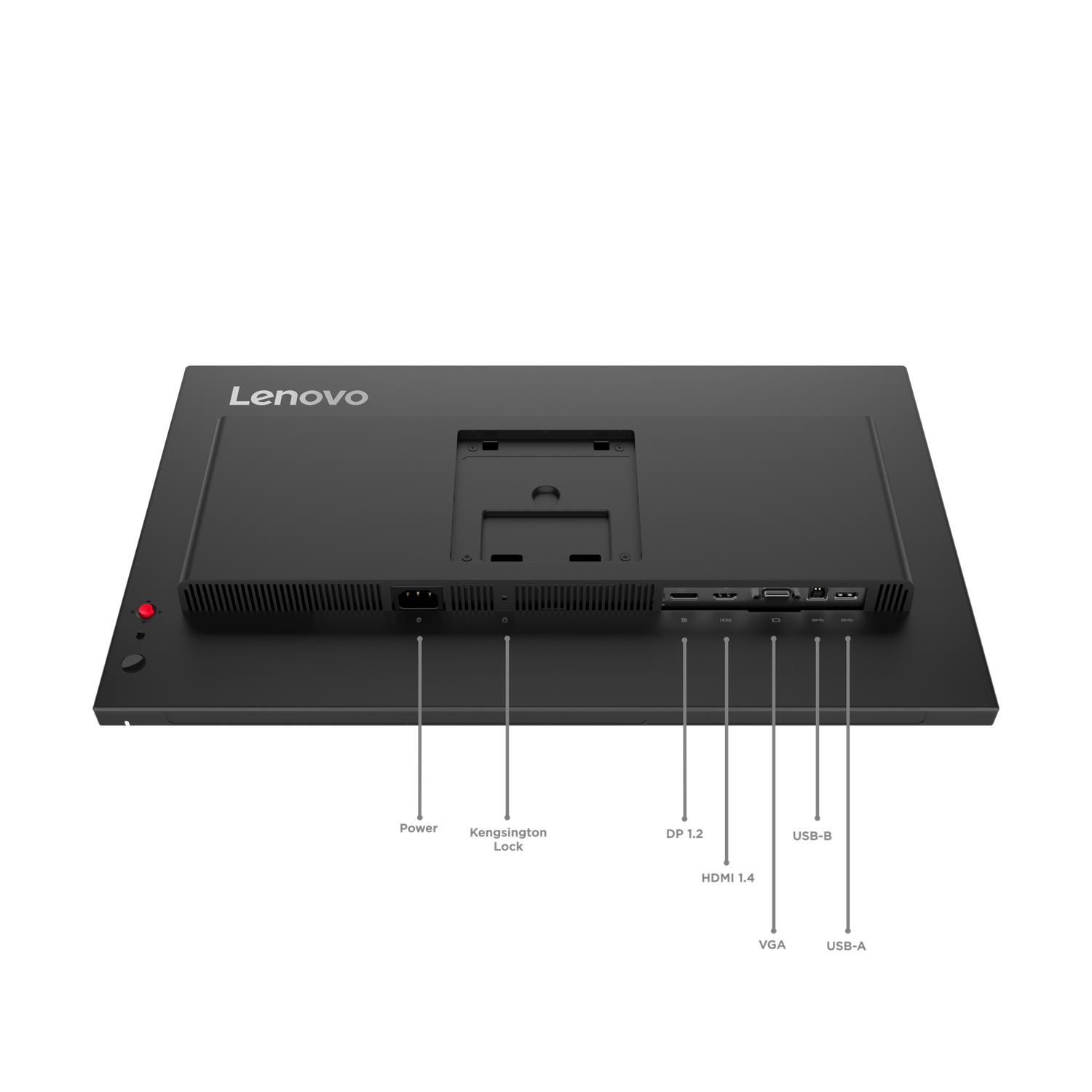 De achterkant van een Lenovo-monitor met poorten zoals HDMI, USB en stroom. Labels tonen Kensington Lock, DP 1.2, USB-B, enz.