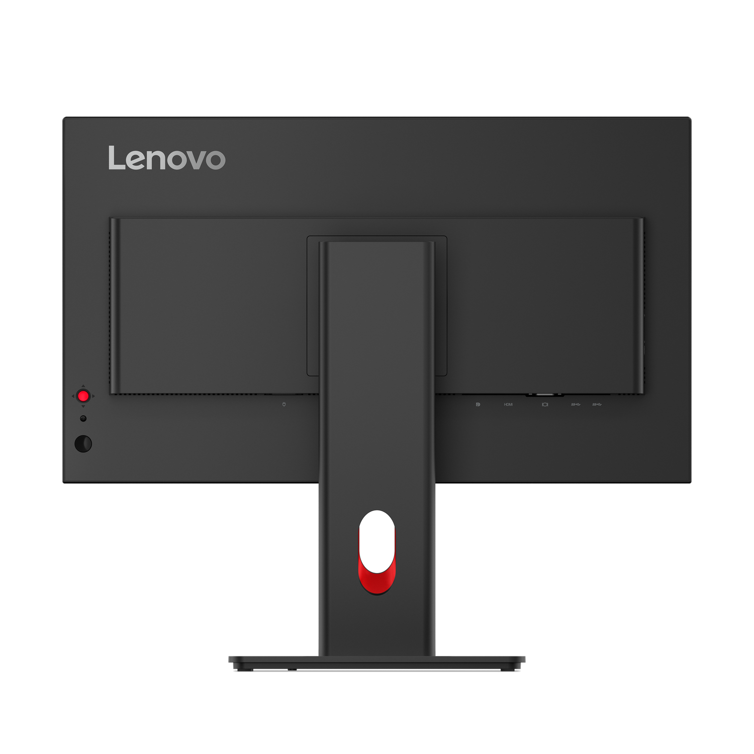 Achteraanzicht van een zwarte Lenovo-monitor. Een standaard ondersteunt het scherm. Een rode stroomindicator brandt. Poorten zijn zichtbaar.