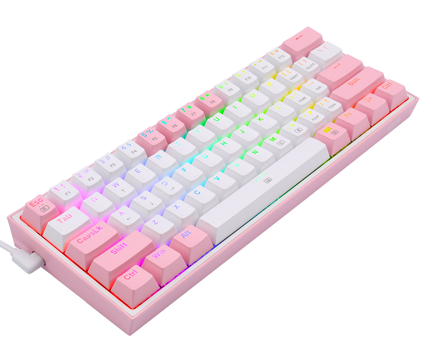 Różowo-biała klawiatura mechaniczna z kolorowym podświetleniem LED. Klawisze są białe i różowe. Wpięty jest kabel.
