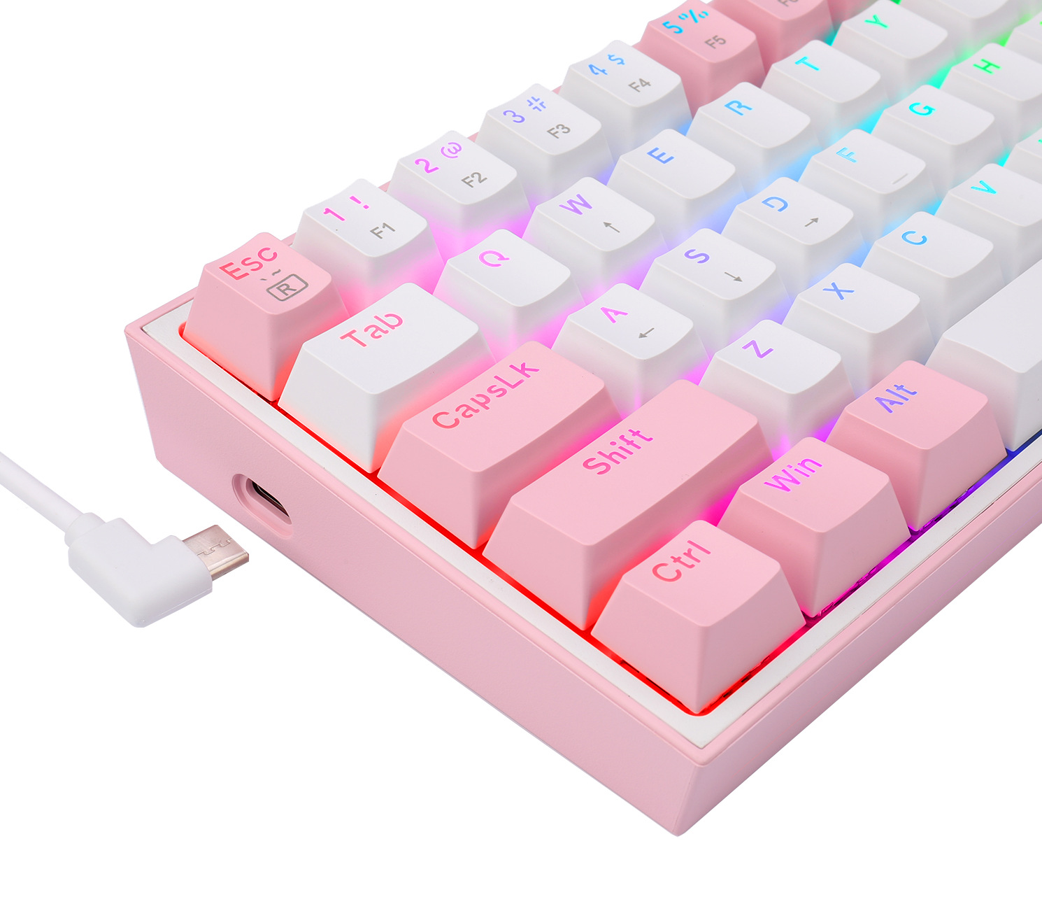 Różowa i biała klawiatura mechaniczna. Klawisze są różowe i białe. Klawiatura ma podłączony biały kabel USB.