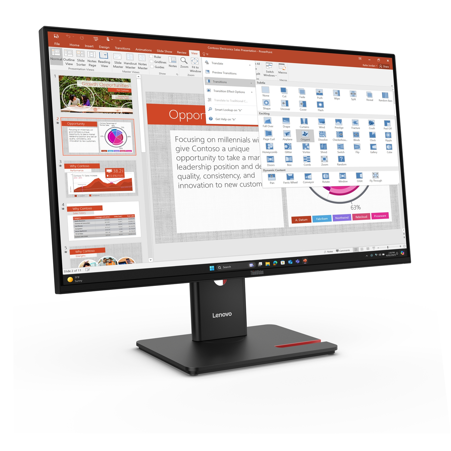 Een Lenovo-monitor toont een PowerPoint-presentatie. De presentatie bevat grafieken en tekst over verkoop en groeimogelijkheden.