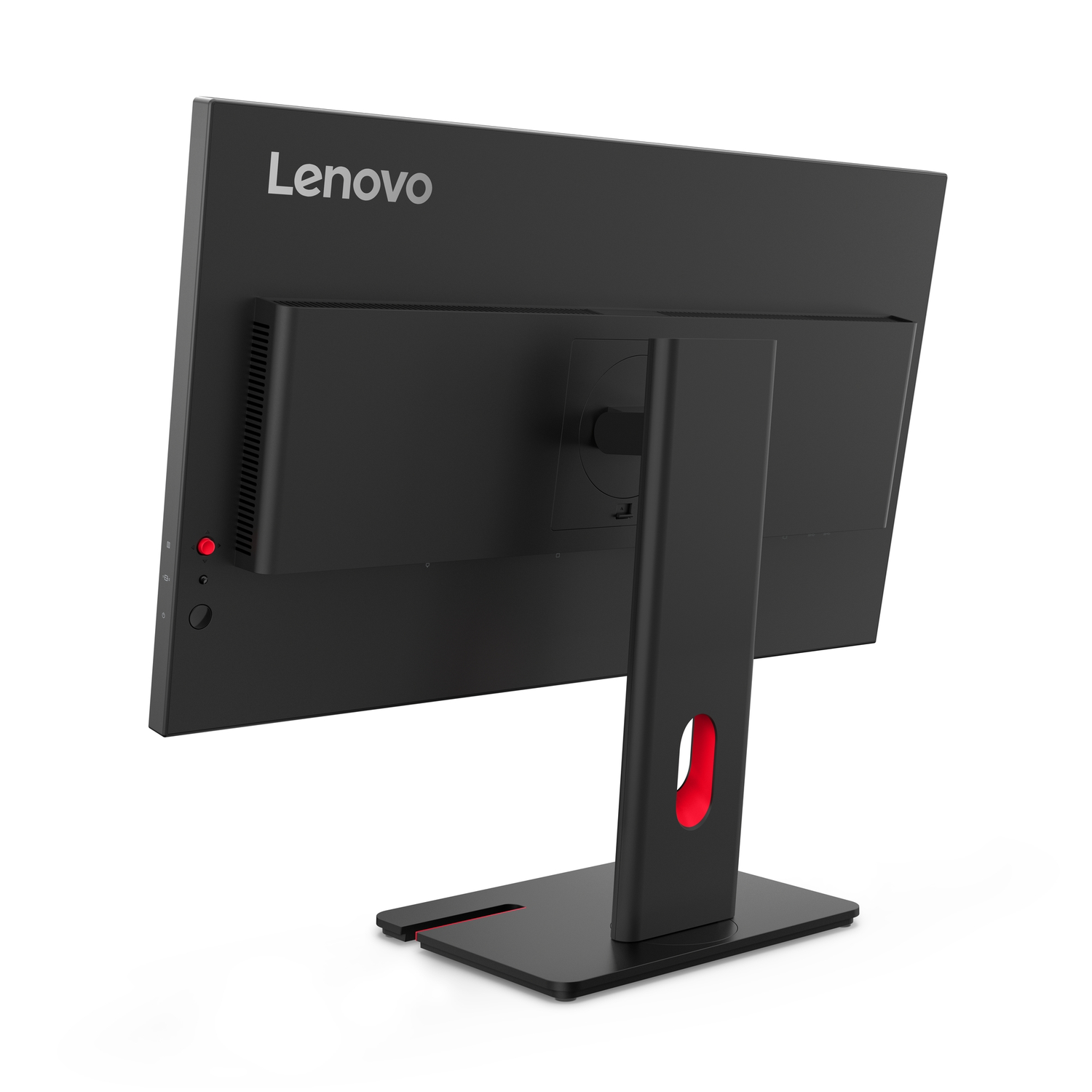 Achterkant van een zwarte Lenovo monitor. Het heeft een rode aan/uit-knop en een rode accent op de standaard.