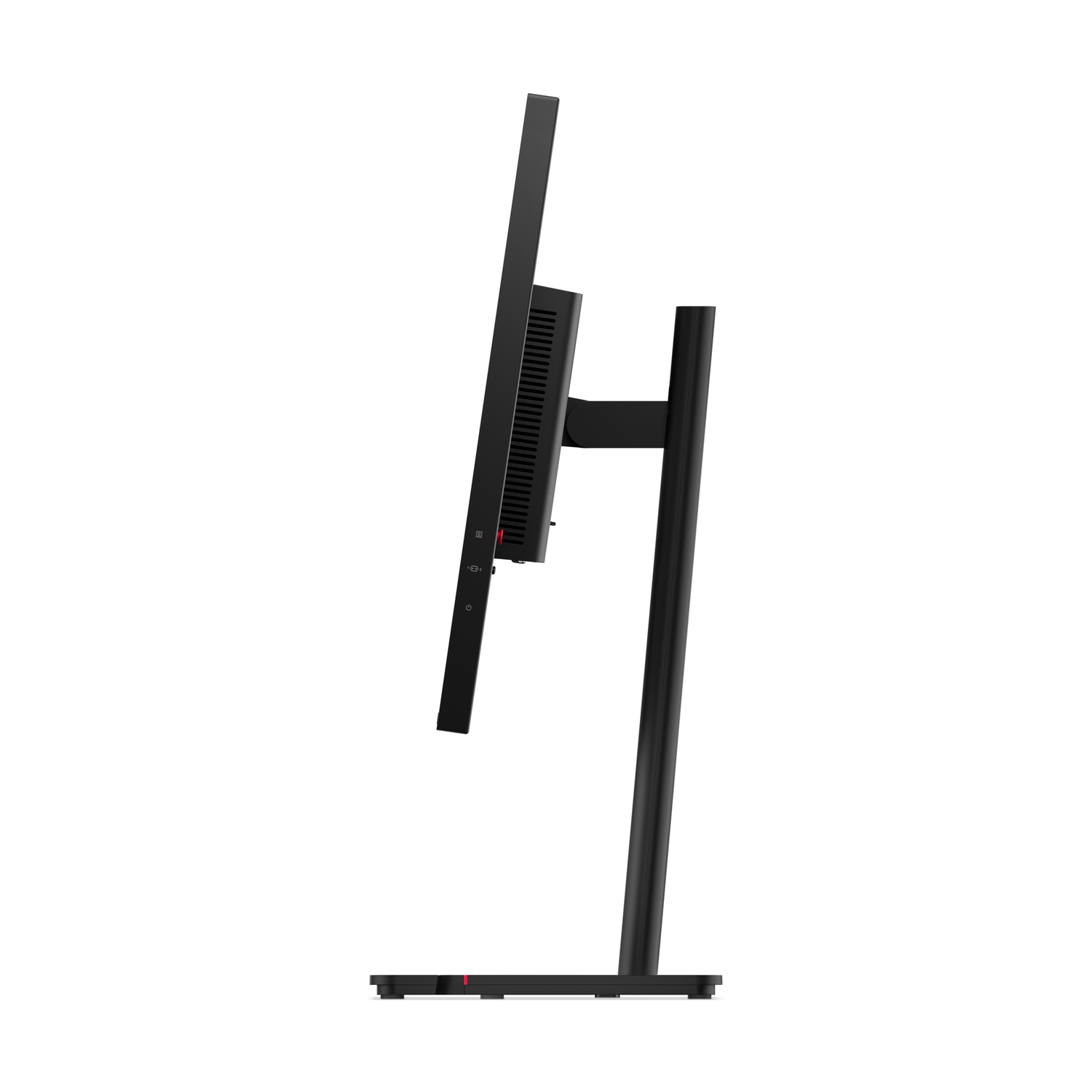 Zijaanzicht van een zwarte computermonitor. De monitor wordt ondersteund door een zwarte standaard op een witte achtergrond.