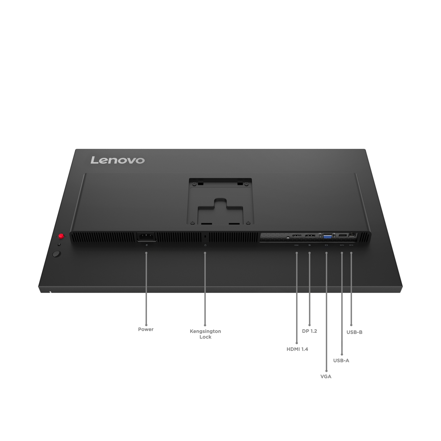 Achteraanzicht van een Lenovo-monitor. Beschikt over poorten zoals stroom, HDMI, DP, USB en VGA. Heeft een Kensington-slotslot.