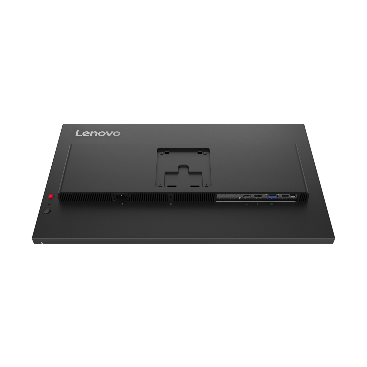 De achterkant van een zwarte Lenovo monitor tegen een witte achtergrond. Poorten en een aan/uit-knop zijn zichtbaar.