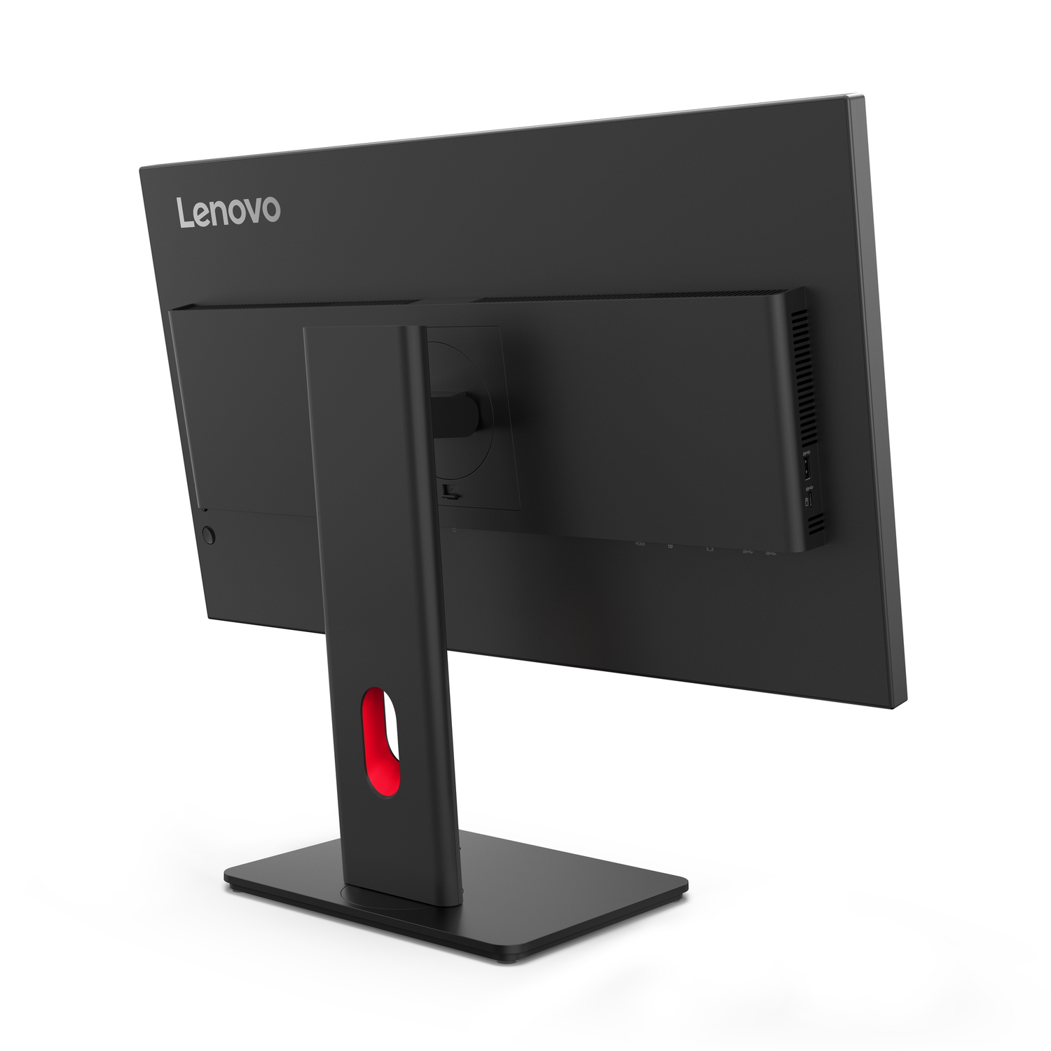 Achterkant van een zwarte Lenovo monitor. Met een rode accent op de standaard. Poorten en voeding zichtbaar. Witte achtergrond.