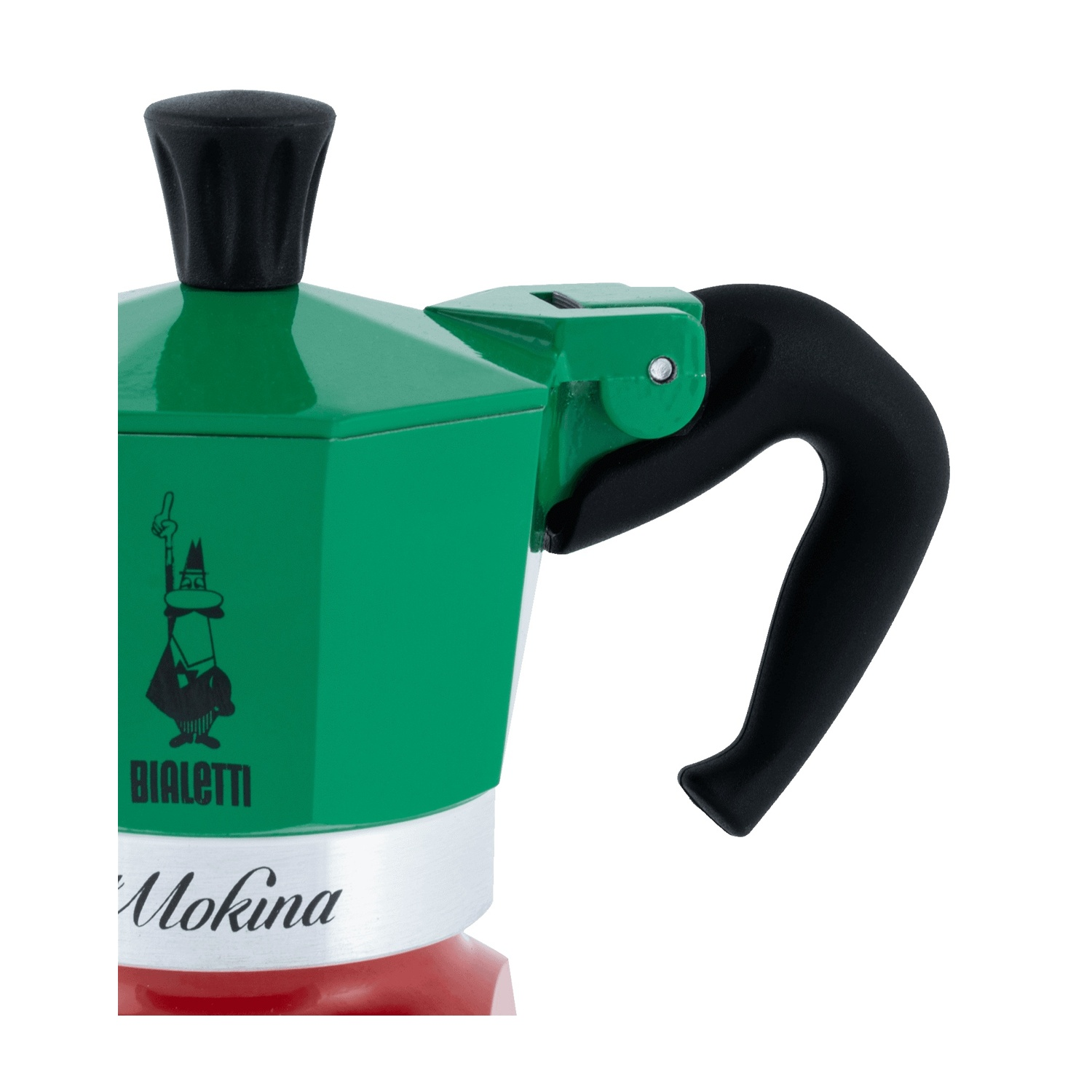 Caffettiera Moka Bialetti verde e rossa. Manico e pomolo neri. Logo Bialetti visibile. La parola 'Mokina' è scritta sulla caffettiera.