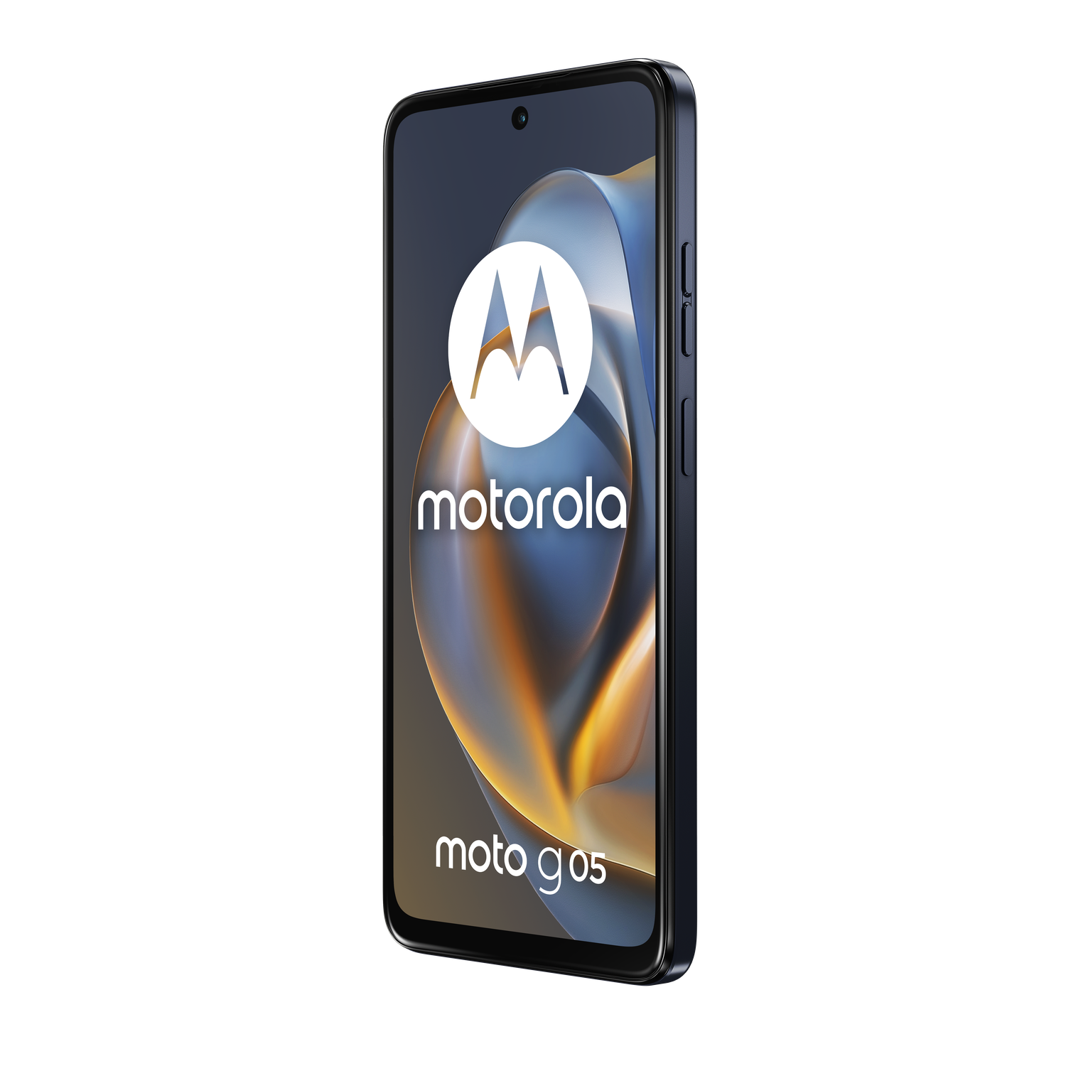 A Motorola Moto g05 smartphone on black background. The phone displays the Motorola logo and a blurred background.