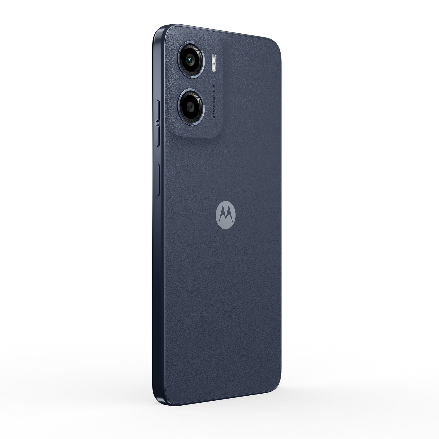 A blue Motorola smartphone, rear view. It has a dual-camera system, and the Motorola logo. The background is black.