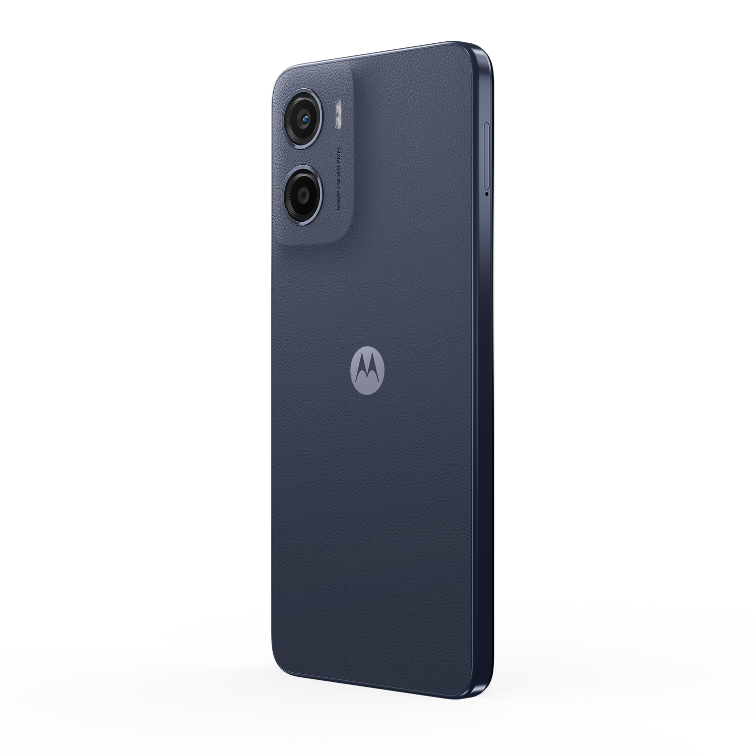 A dark blue Motorola smartphone angled to the right. It has dual cameras, a Motorola logo, and a textured back. Black background.