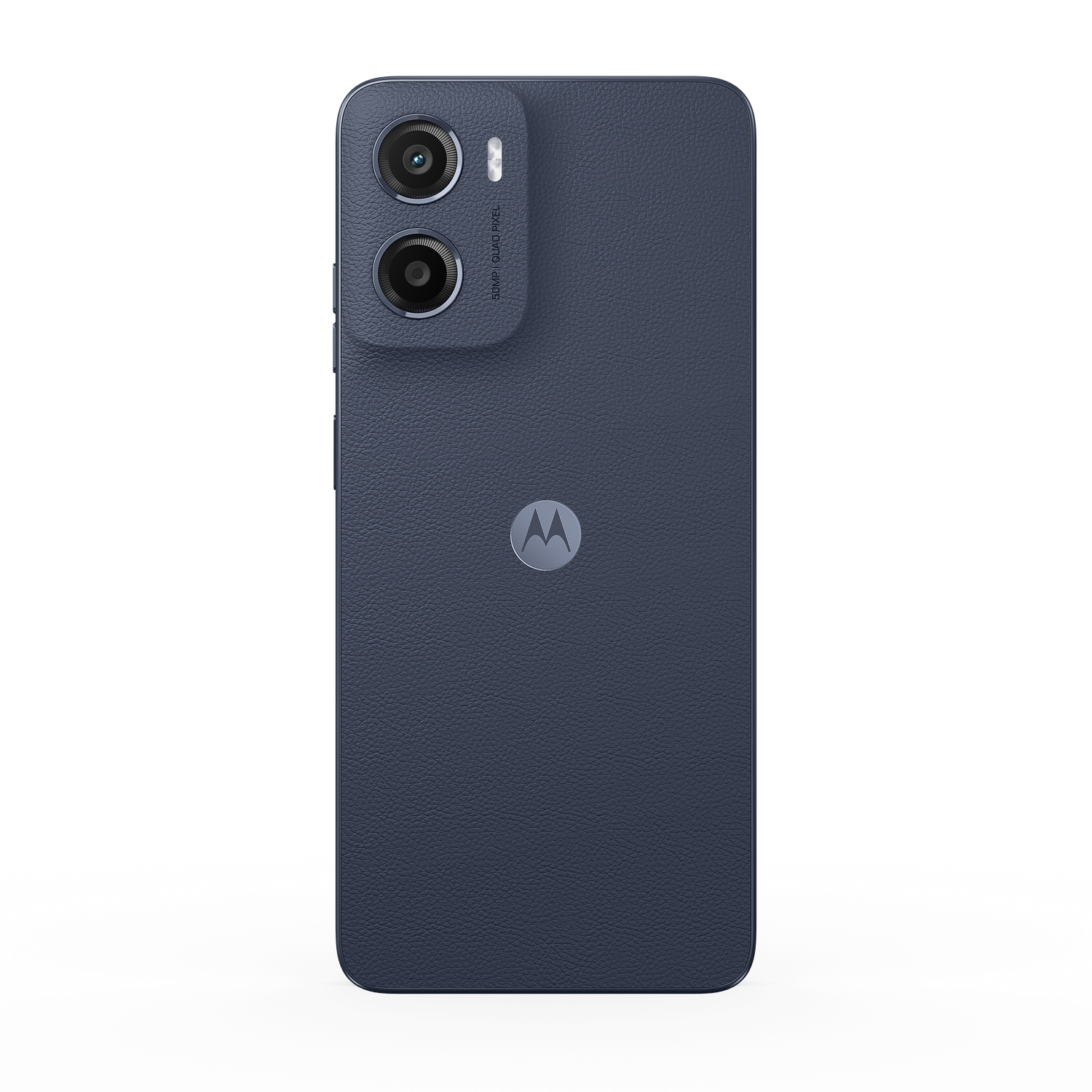 Back of a blue Motorola phone. Two camera lenses and a flash are visible. The Motorola logo is at the center.