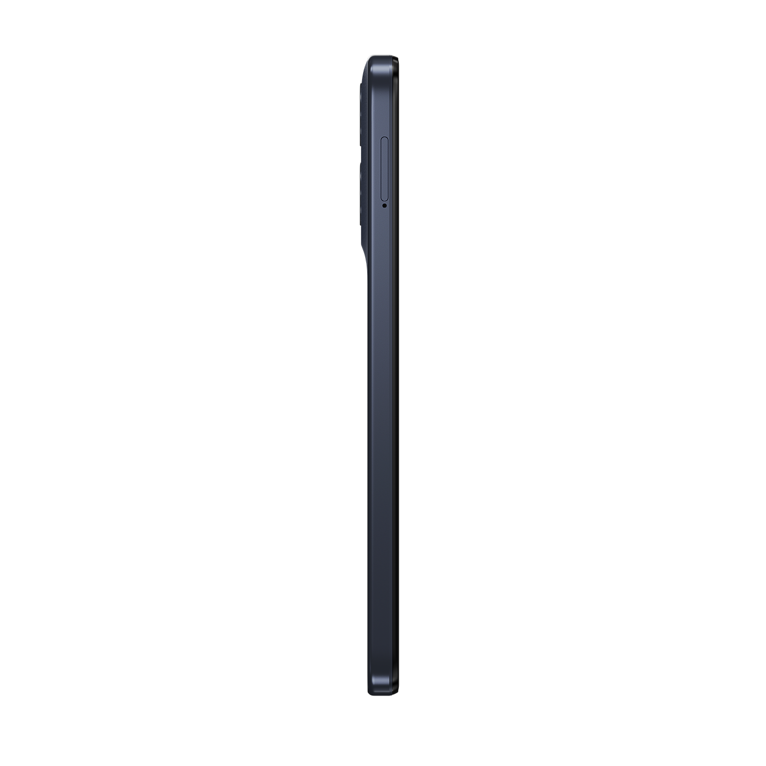 Side view of a dark blue smartphone. Buttons are visible. The background is completely black.
