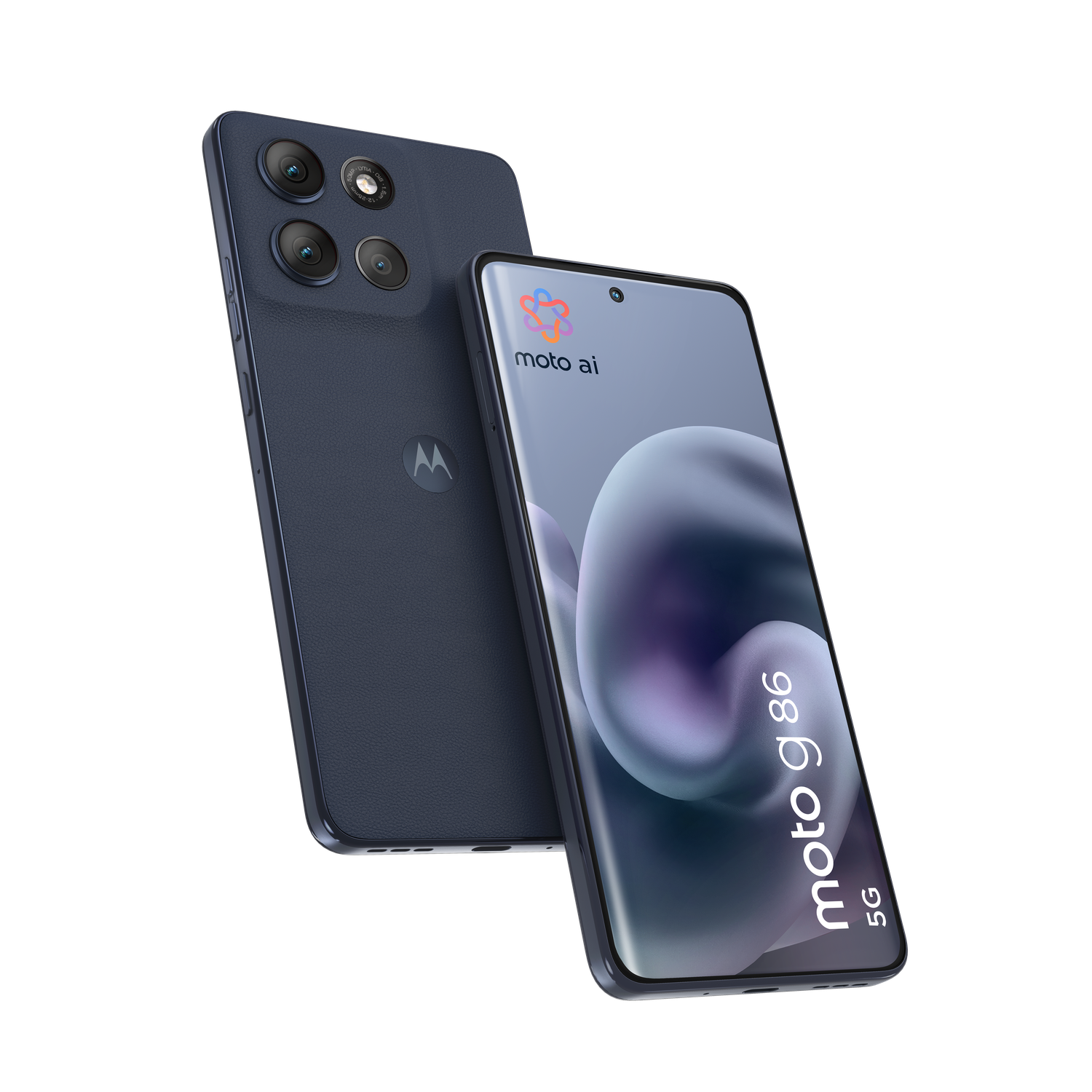 Two dark blue Motorola phones. One shows the screen with a logo and the words 'moto g 86 5G'. The other shows the camera.