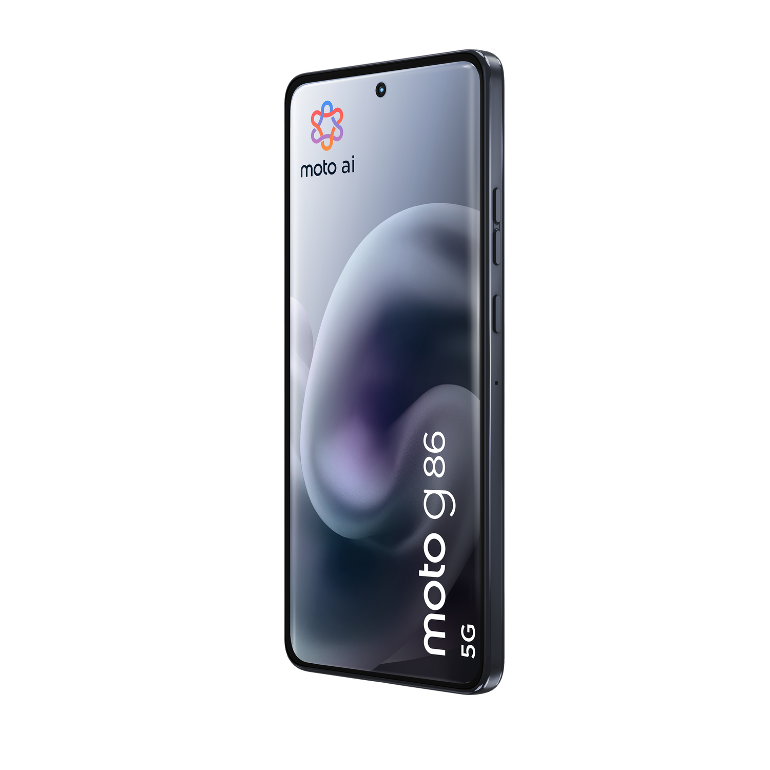 A Moto G86 5G smartphone with a curved screen, the Moto AI logo, and a black frame against a black background.