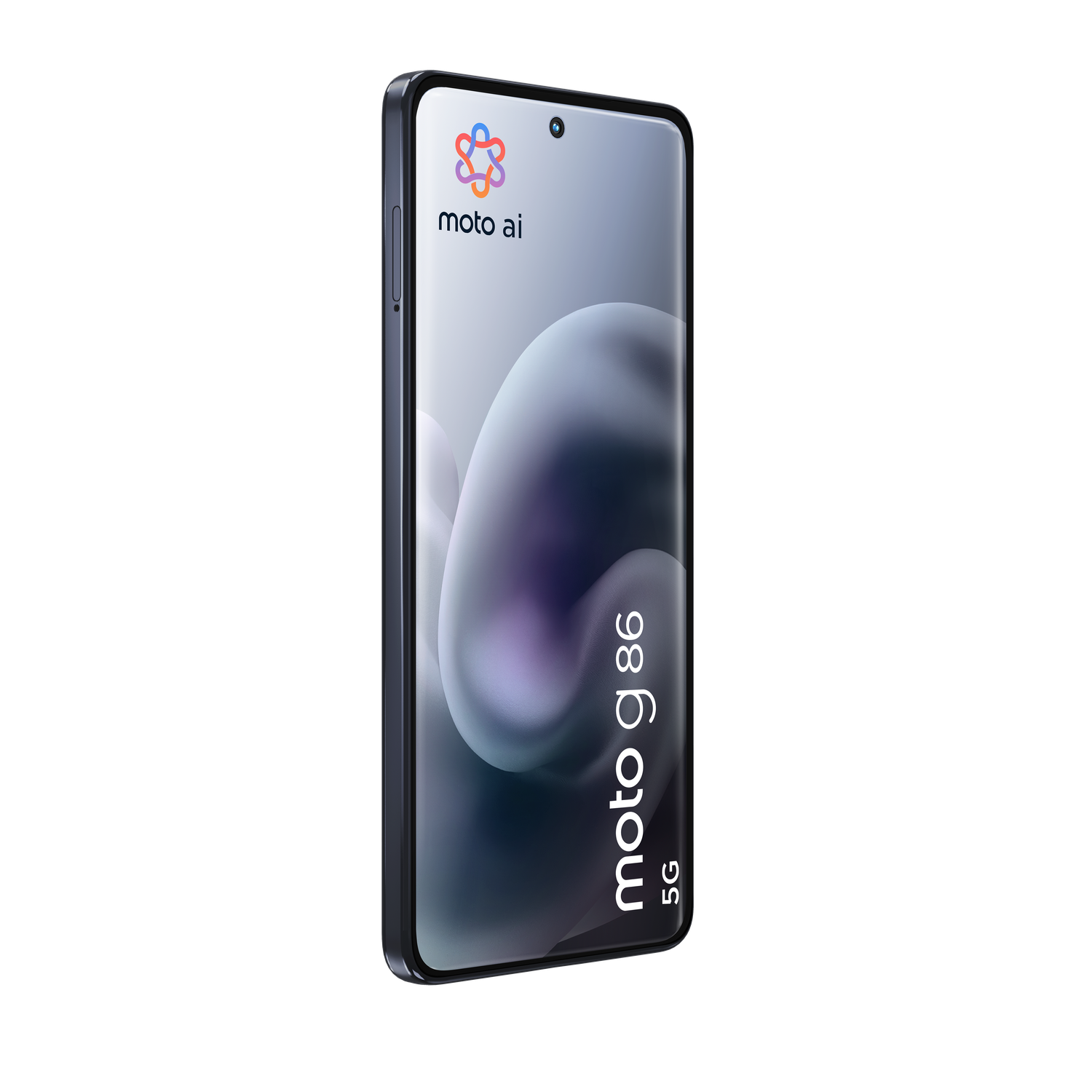 A Moto G86 5G smartphone. The screen displays a logo and abstract design against a black background. Phone is angled, in dark frame.