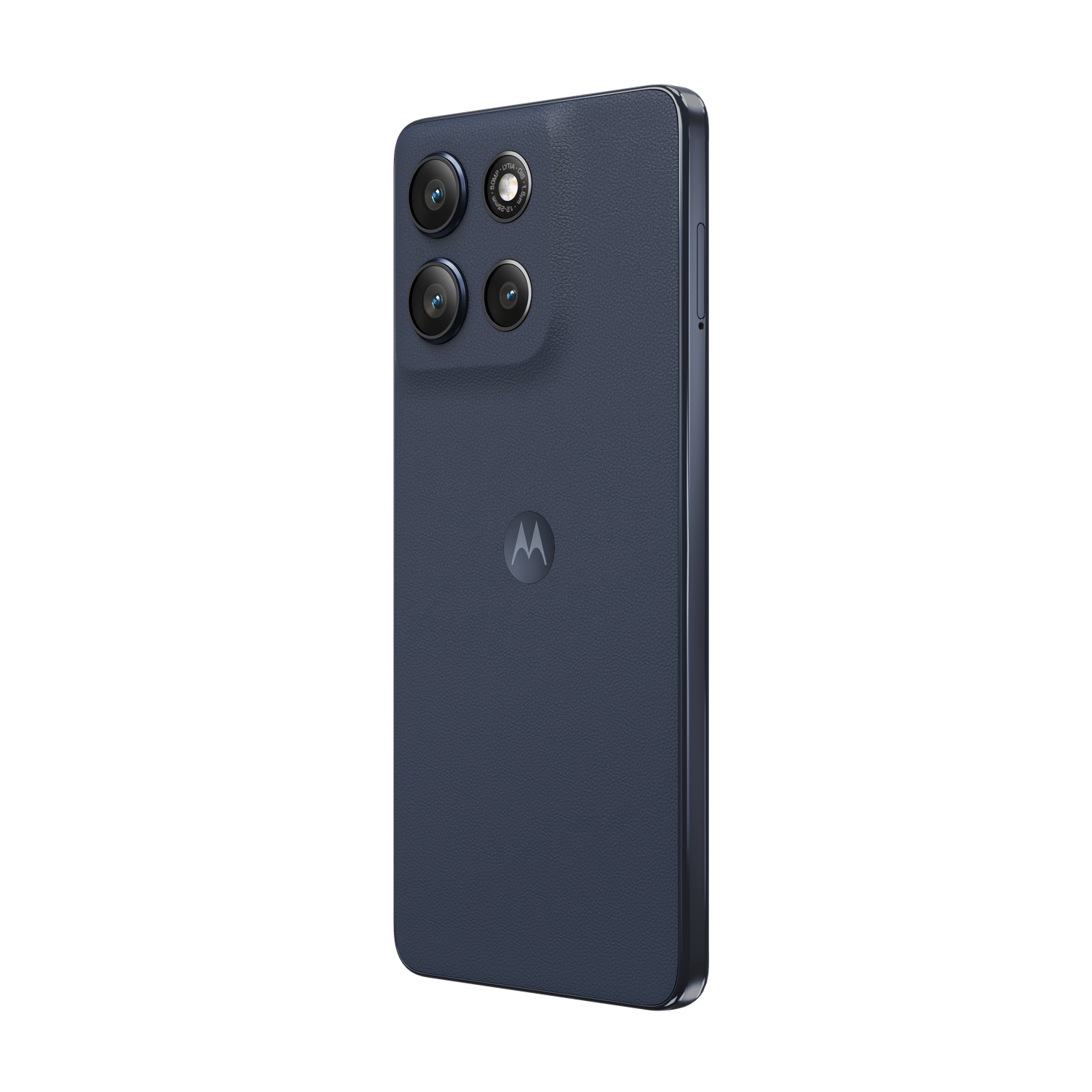 A dark blue Motorola phone with four rear cameras is angled right. The Motorola logo is visible. The background is black.