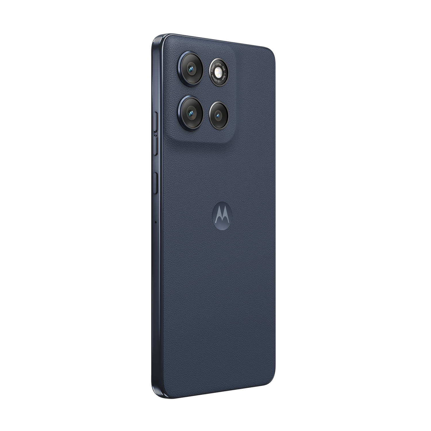 A blue Motorola smartphone with four rear cameras. The phone is on a black background, with the Motorola logo on the back.