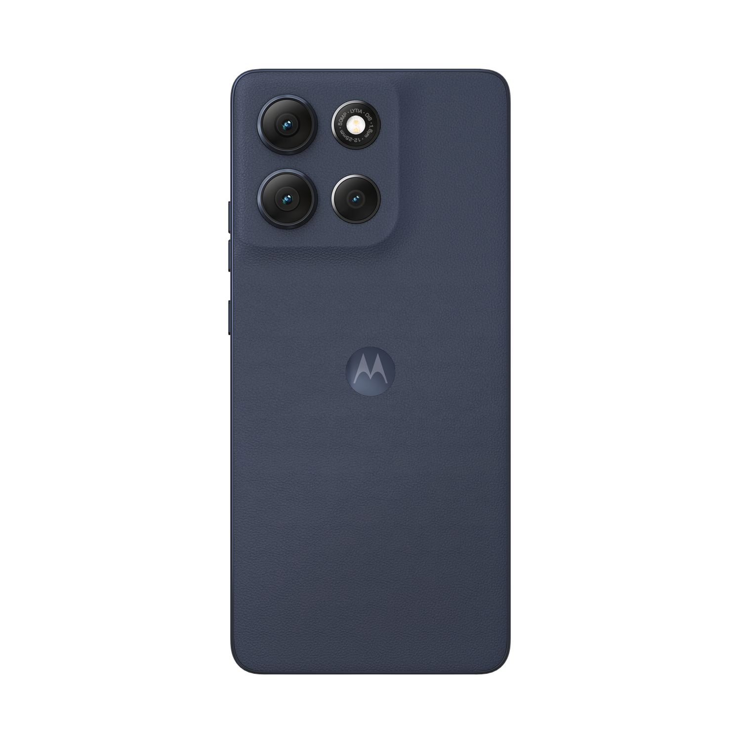 A dark blue Motorola smartphone back with four camera lenses and the Motorola logo on a black background.