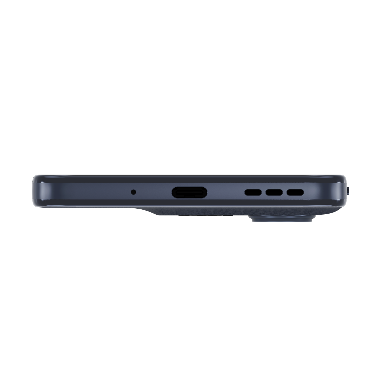 A close-up of the bottom edge of a dark gray smartphone. Visible are a charging port, speaker holes, and a microphone.