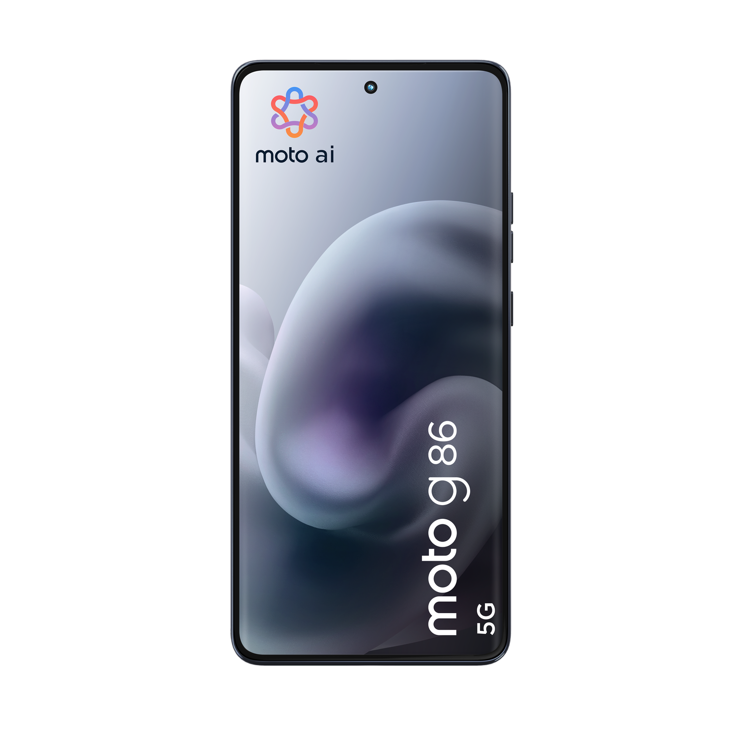 A smartphone displays the Moto AI logo and Moto g86 5G. The screen has a blurred abstract design. The phone is on a black background.