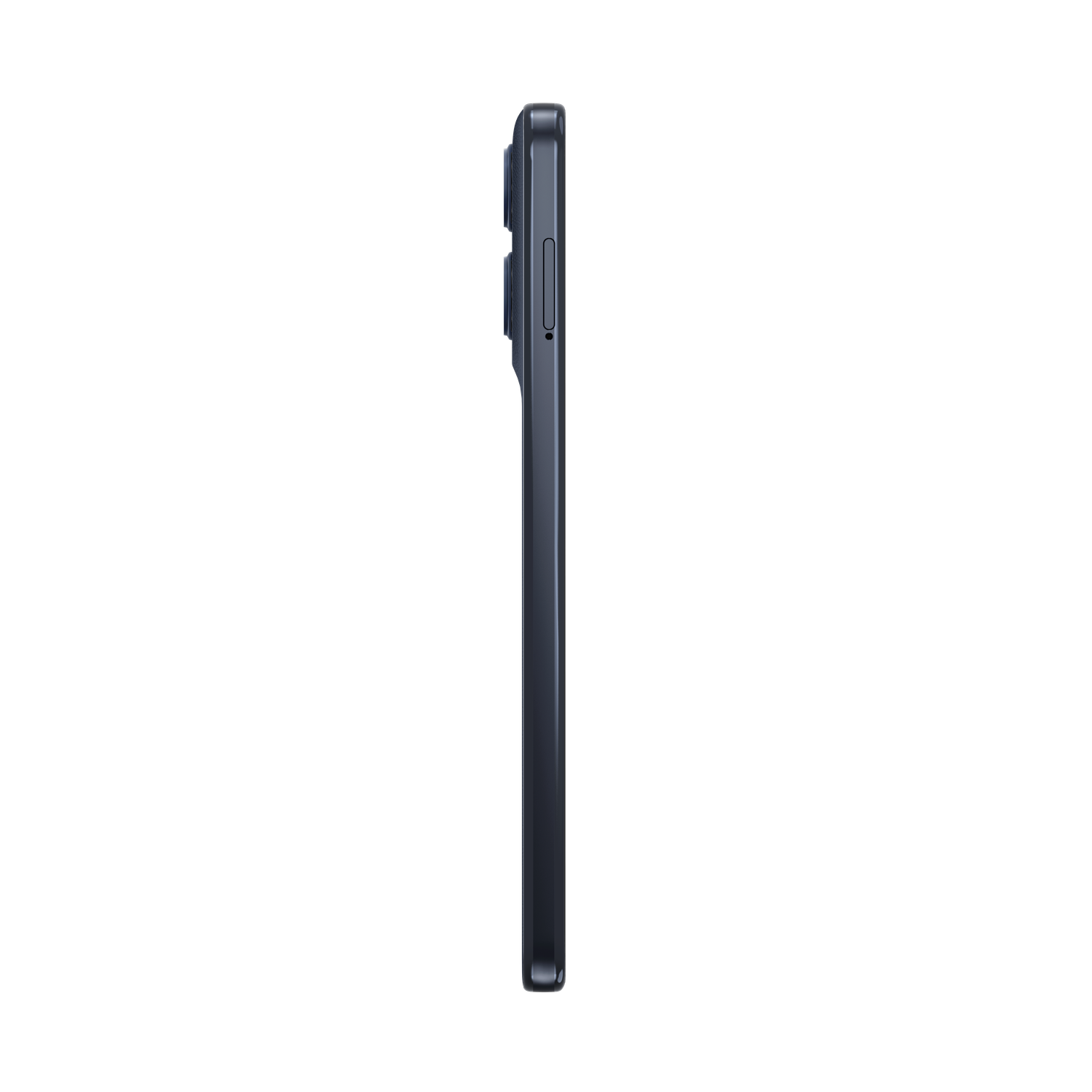 Side view of a dark gray smartphone against a black background. Volume and power buttons are visible. The screen is not visible.