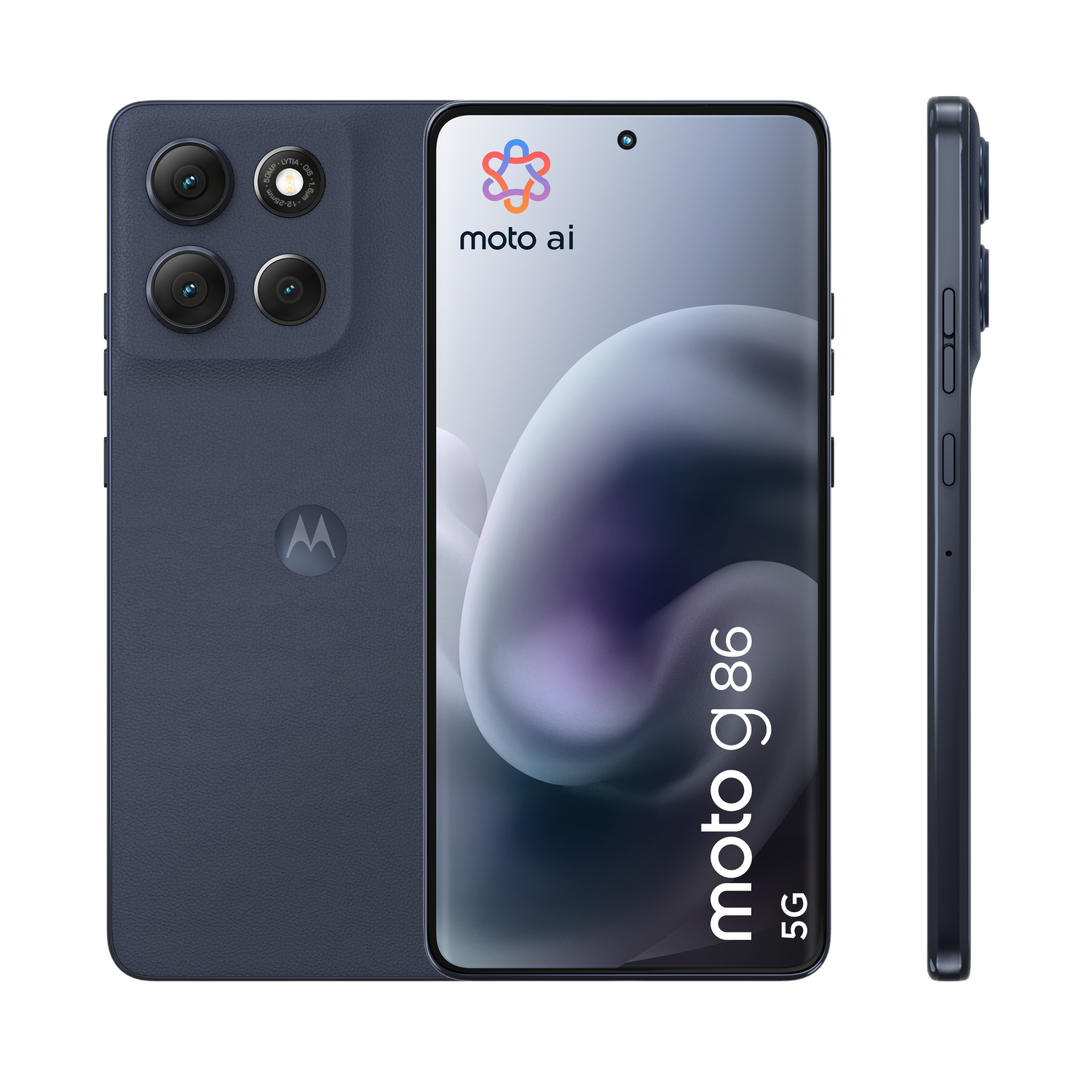 Moto g86 5G smartphone, dark blue, with three rear cameras, a front camera, and a side view showing buttons.