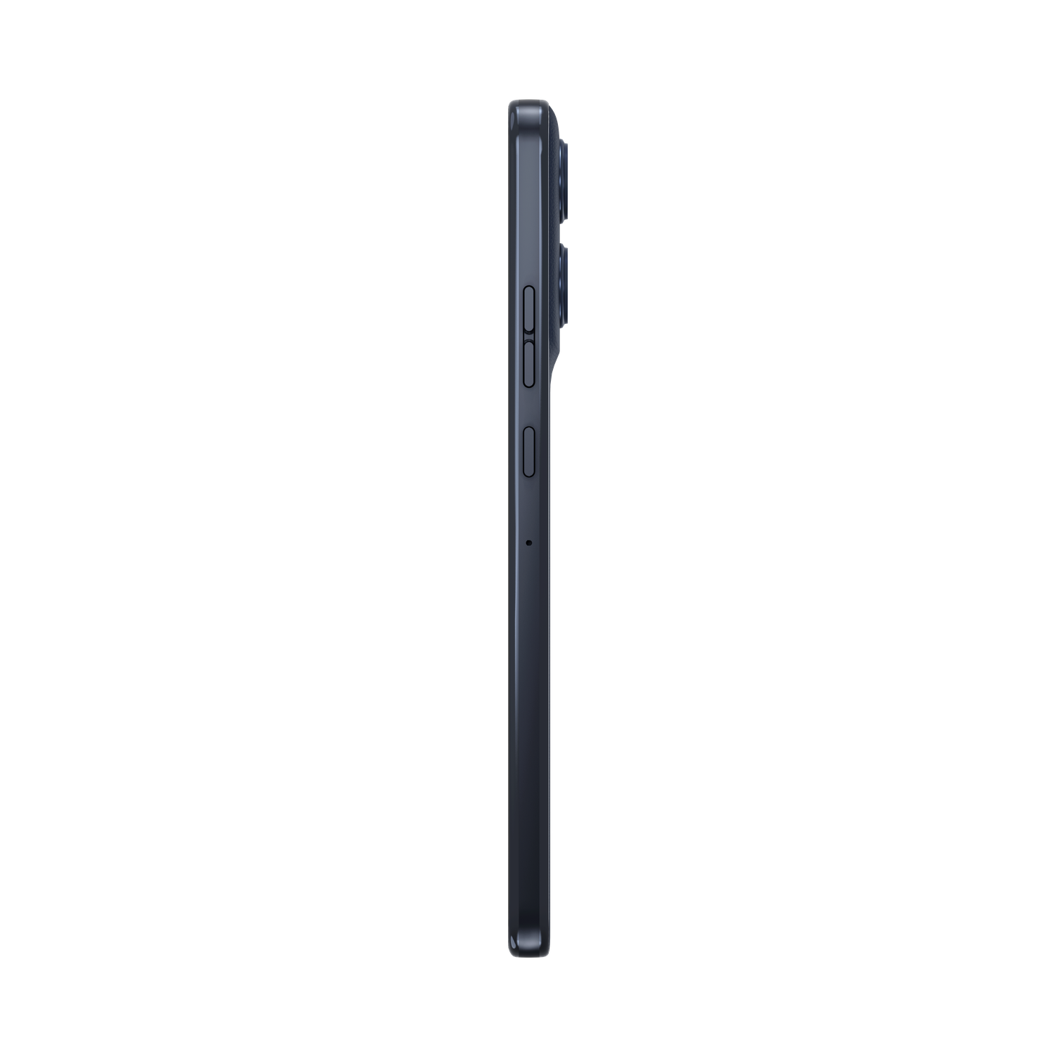 Side view of a dark gray smartphone with buttons on the side. The background is completely black.