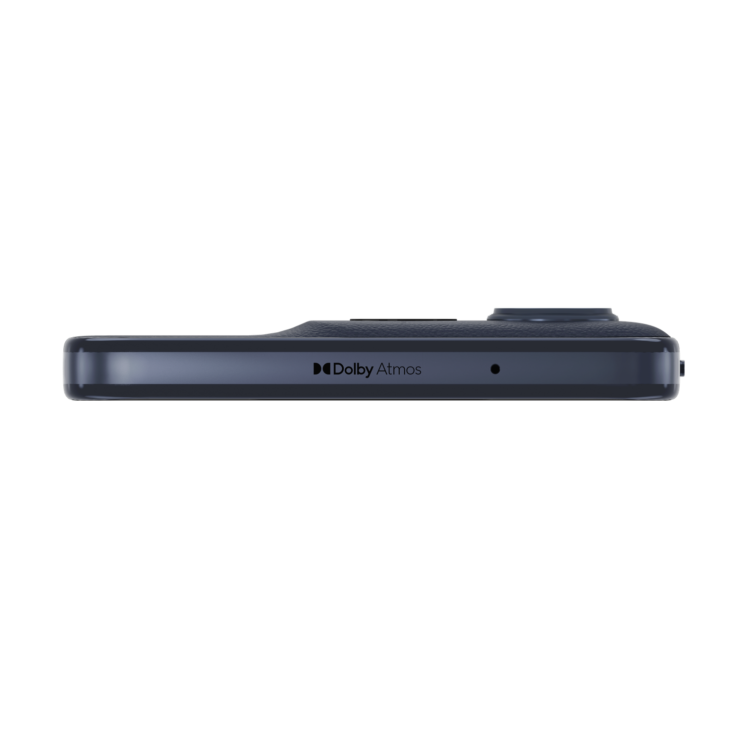 Side view of a dark grey smartphone, Dolby Atmos logo visible. A camera bump and a port are on the top edge. Black background.