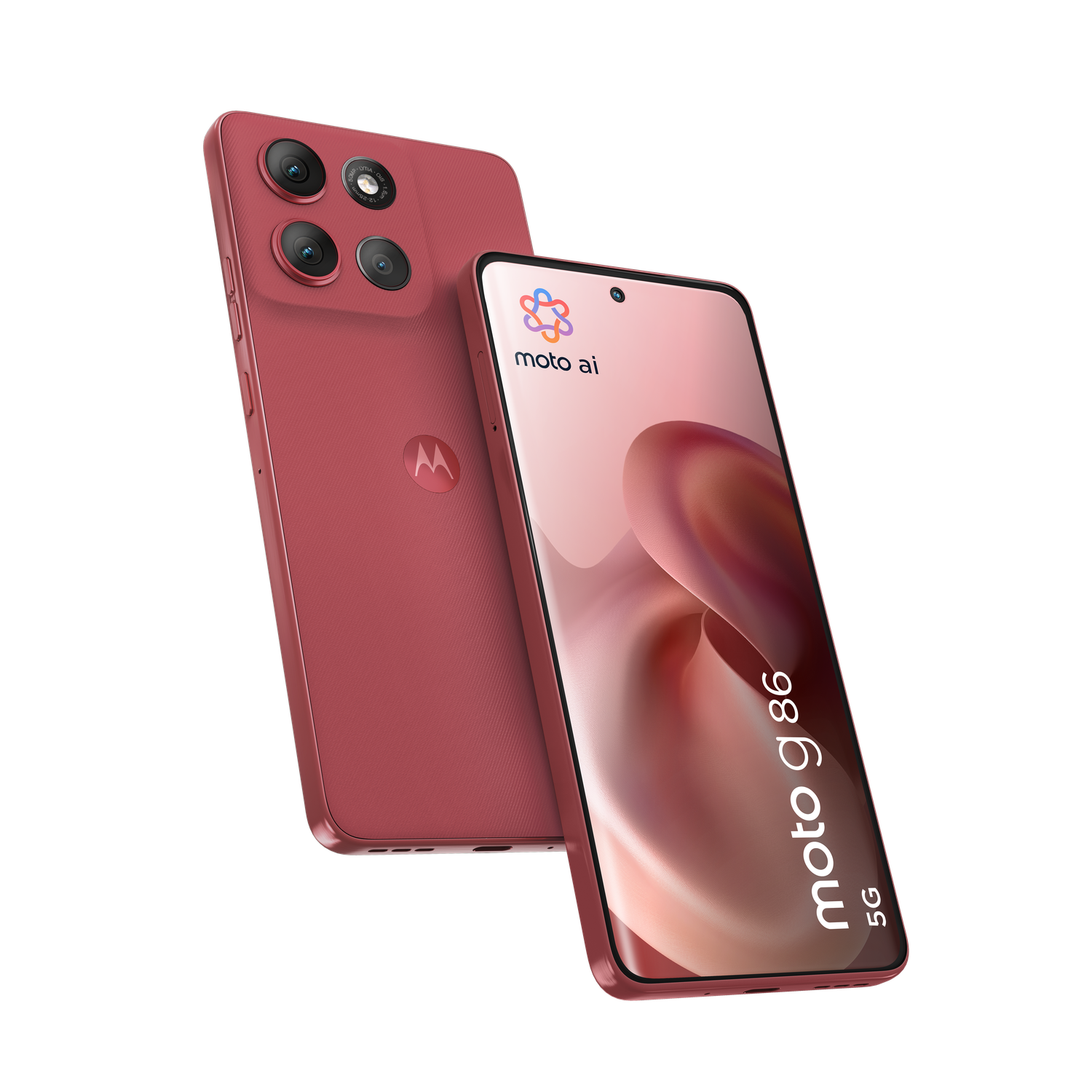 Two red Motorola phones on a black background. One shows the back with cameras, the other the screen with the moto g86 logo.