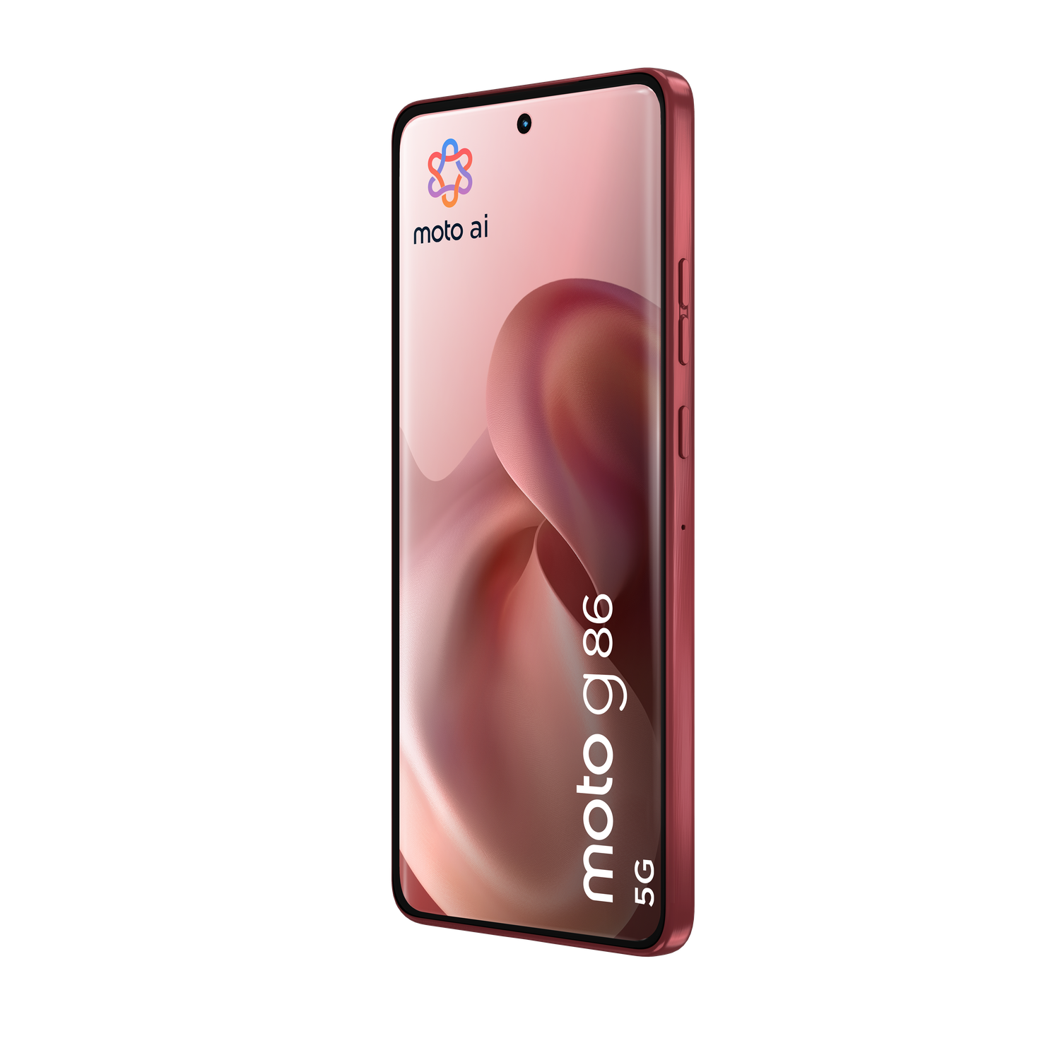 Red smartphone, moto g86 5G, with a pink screen, moto ai logo on screen, black background.