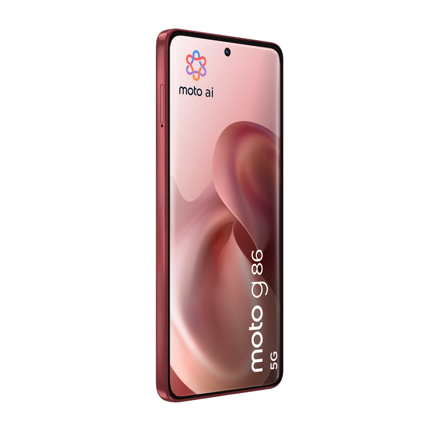 A smartphone with a pink case and screen is shown on a black background. The screen displays a logo and the text moto g86 5G.