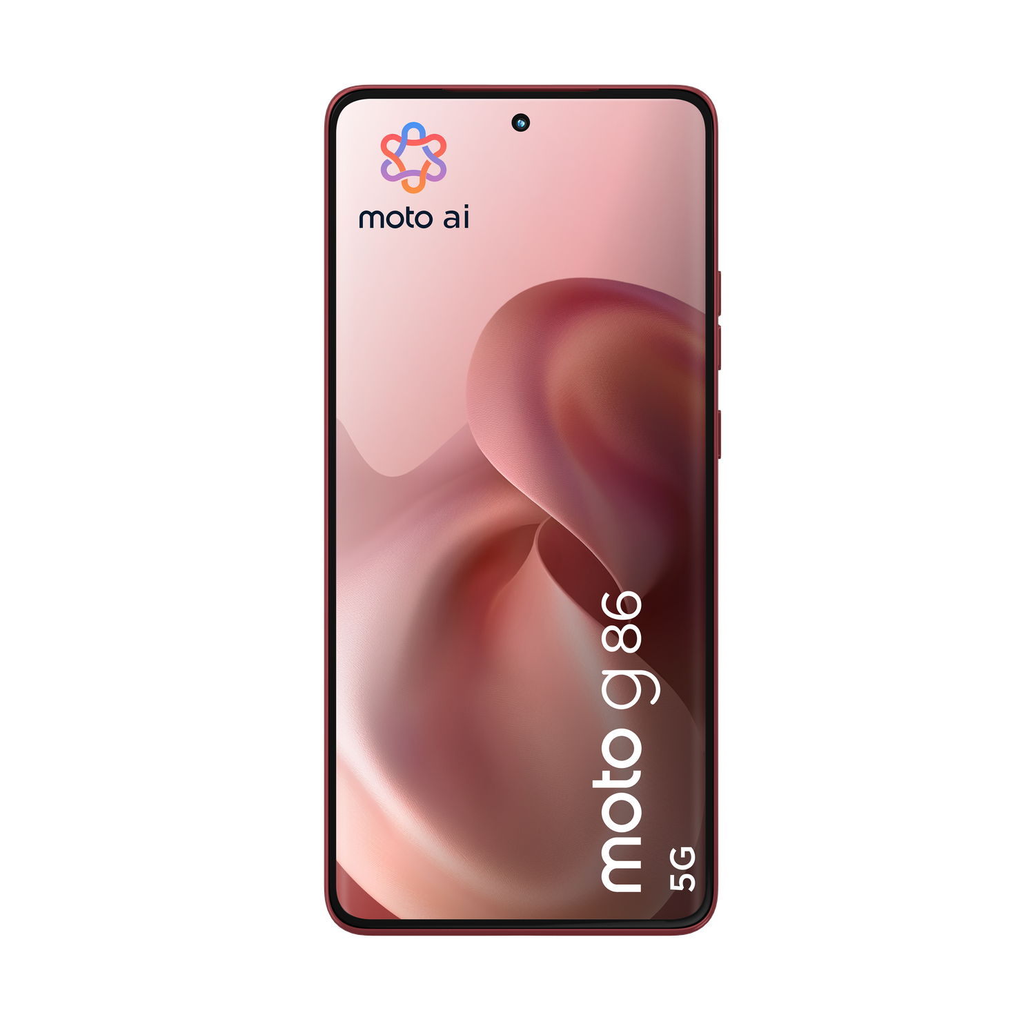Moto g86 smartphone on black background. Display shows a pink-toned graphic. "Moto ai" logo at top left. "moto g86 5G" text is on right.