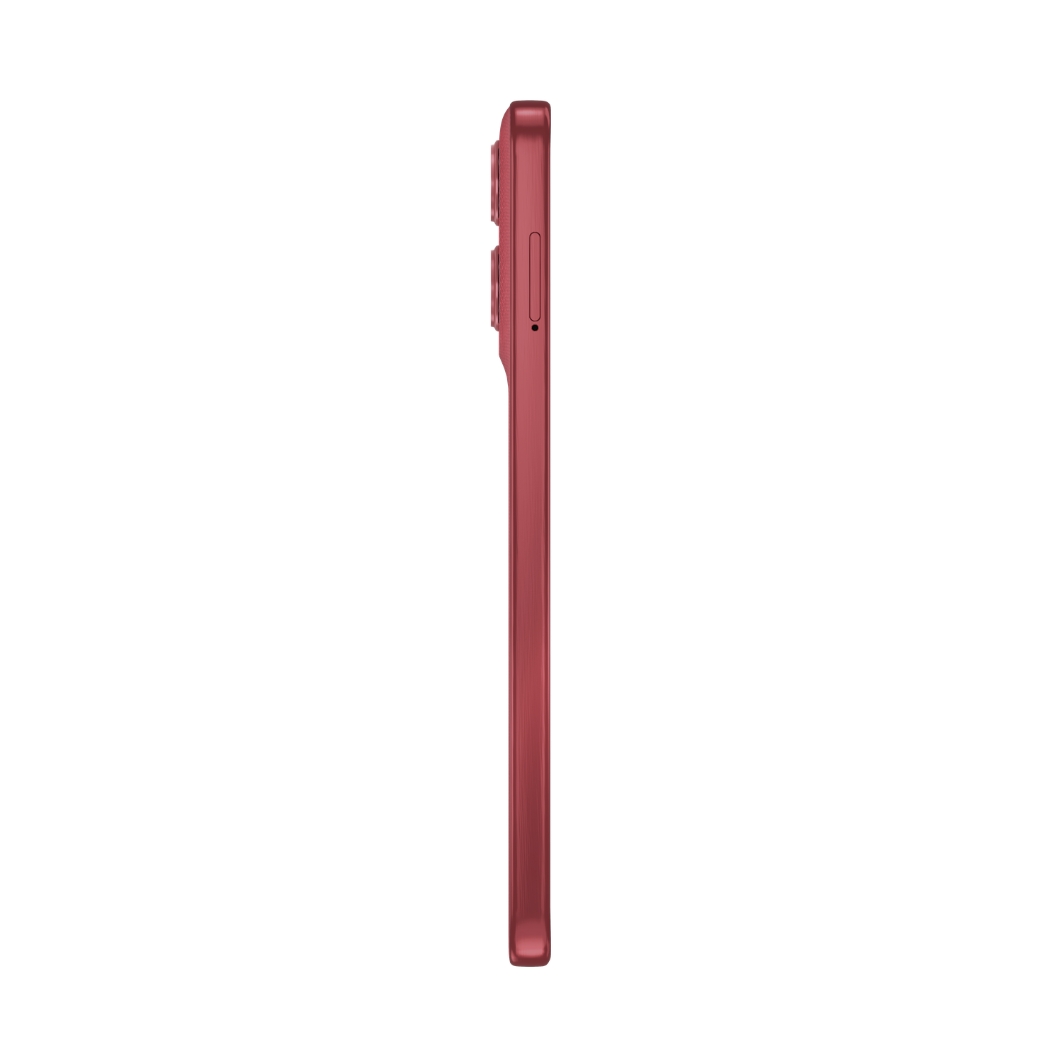 Side view of a rose-colored smartphone on a black background. The phone's side shows buttons and a sim card slot. 