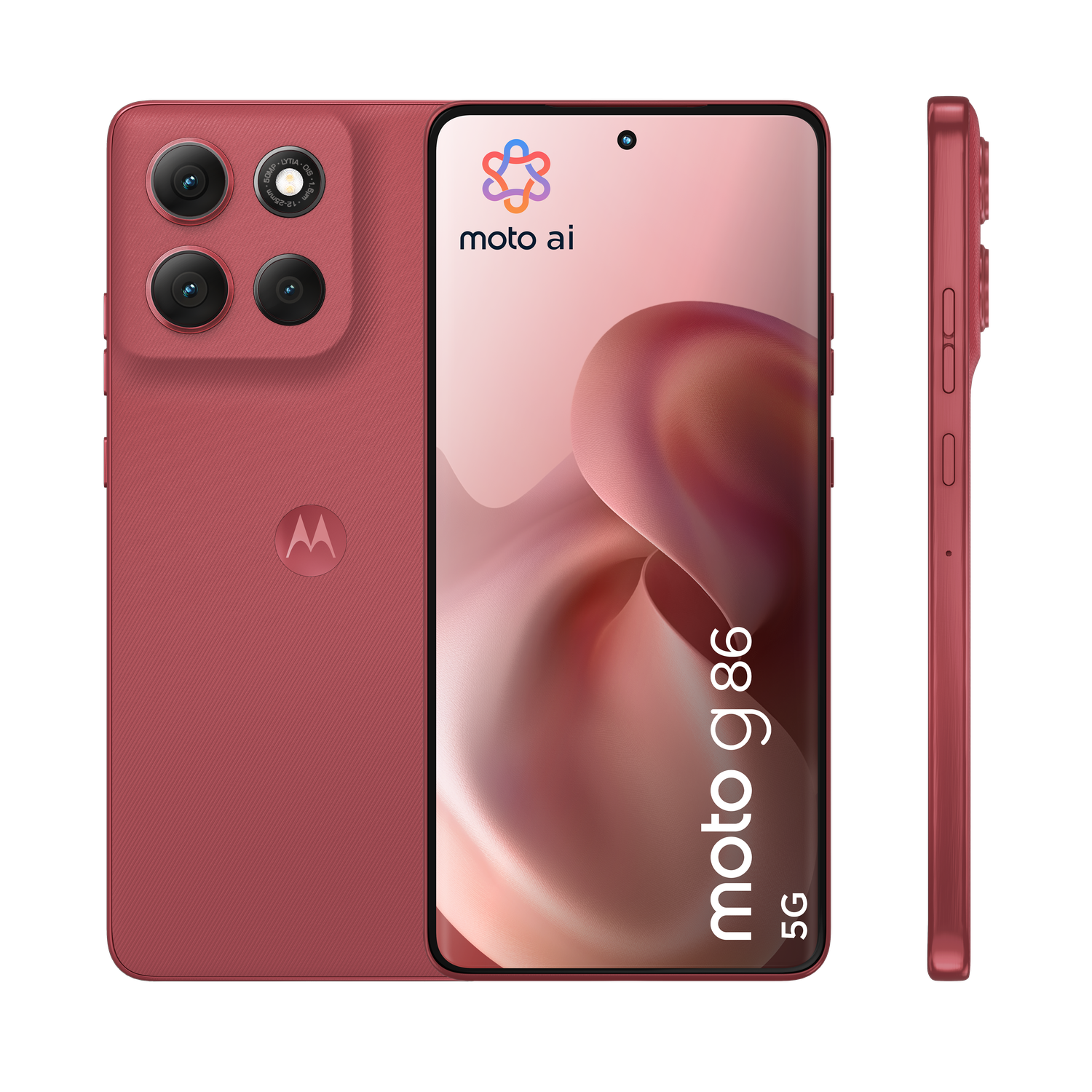 A red Moto g86 5G phone is displayed from three angles: front, back, and side. It has multiple cameras, a screen, and buttons.