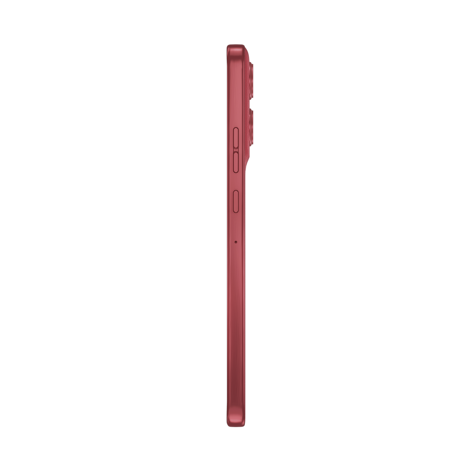 Side view of a red smartphone against a black background. Shows buttons and a camera array.