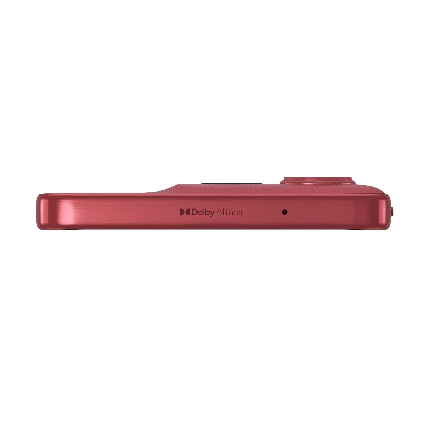 A red smartphone side view. Features a camera, a button, and the Dolby Atmos logo. The background is black.