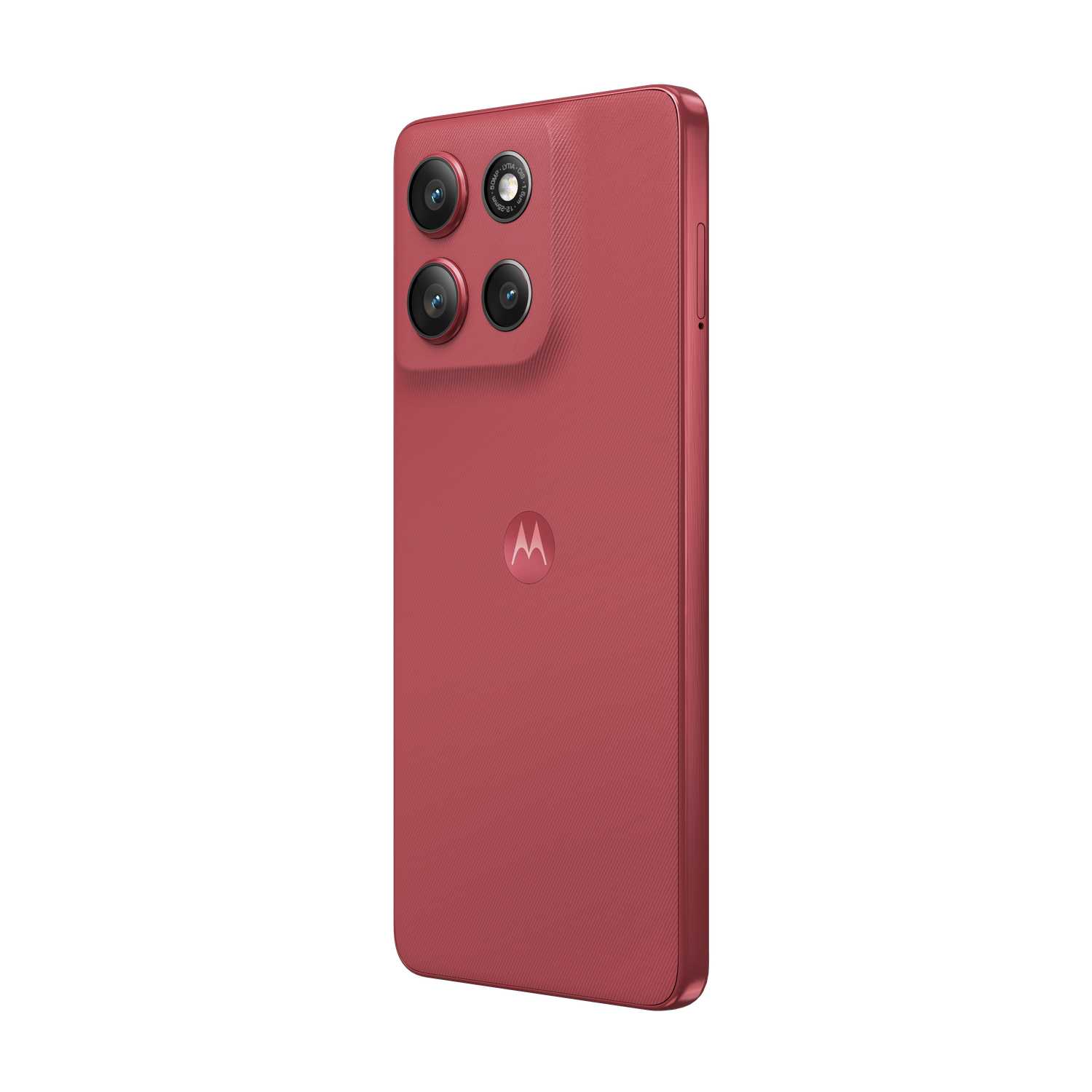 Red smartphone with four rear cameras and a Motorola logo. The phone is angled against a black background.